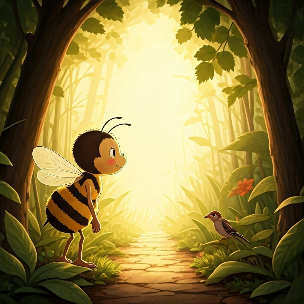 A happy cartoon bee looking at a bird