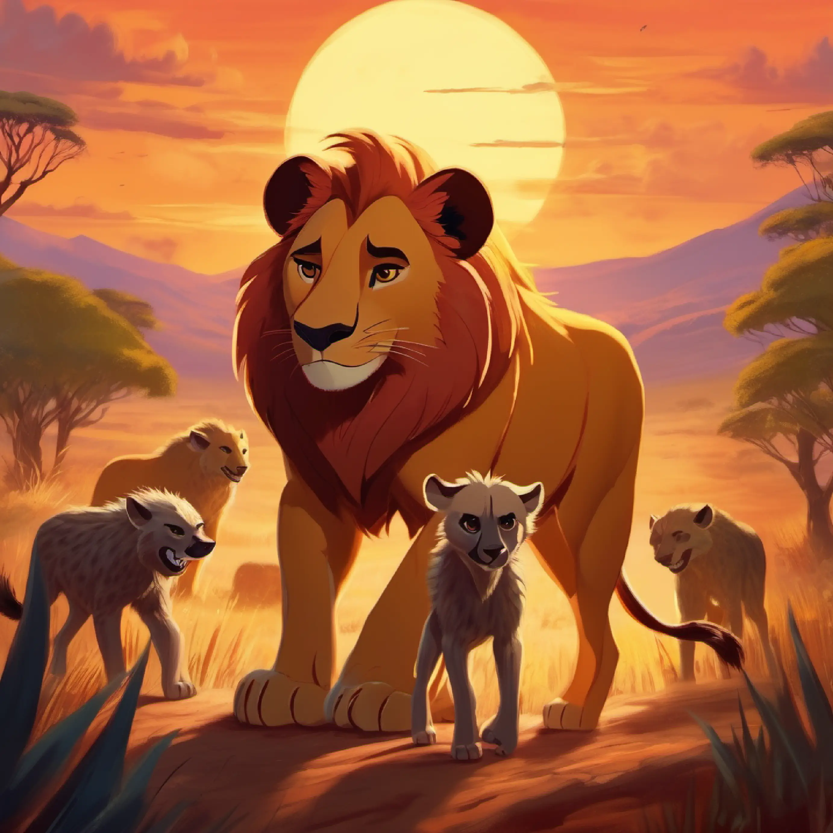 Simba confronts hyenas, remembers father's advice, shows courage.