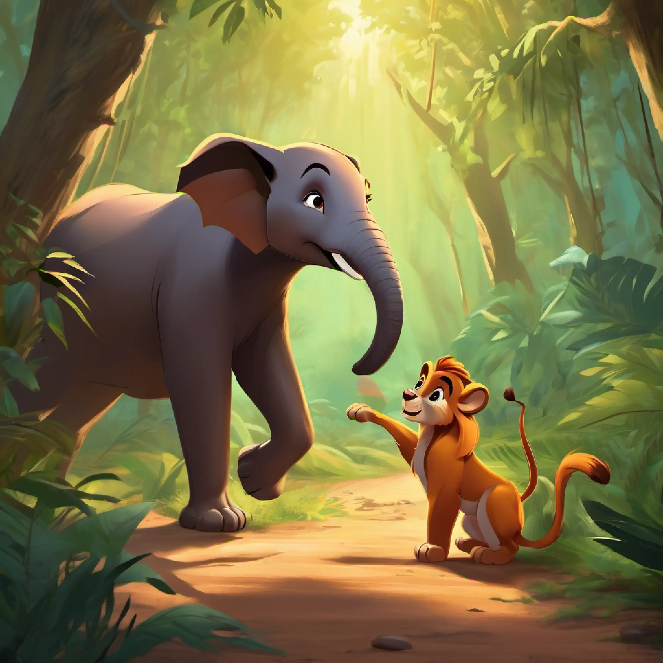 As Simba and Zuri set out on their journey, they came across a mischievous monkey named Kai swinging through the treetops. Kai had brown fur, a playful grin, and a talent for mischief. "Hey, Simba! I heard you're on a quest to become king," Kai chattered. "I'm fast, agile, and know the jungle like the back of my paw. Let me join you on this adventure!"  Simba looked at Kai and smiled. "Of course, Kai! With your speed and agility, we will be an unstoppable team. Let's show the jungle what we're made of!"  Together, the three companions ventured deep into the heart of the jungle, encountering various challenges along the way. They helped a family of squirrels gather acorns, rescued a trapped elephant from a muddy swamp, and even stood up to a fierce pack of hyenas with their clever tricks.