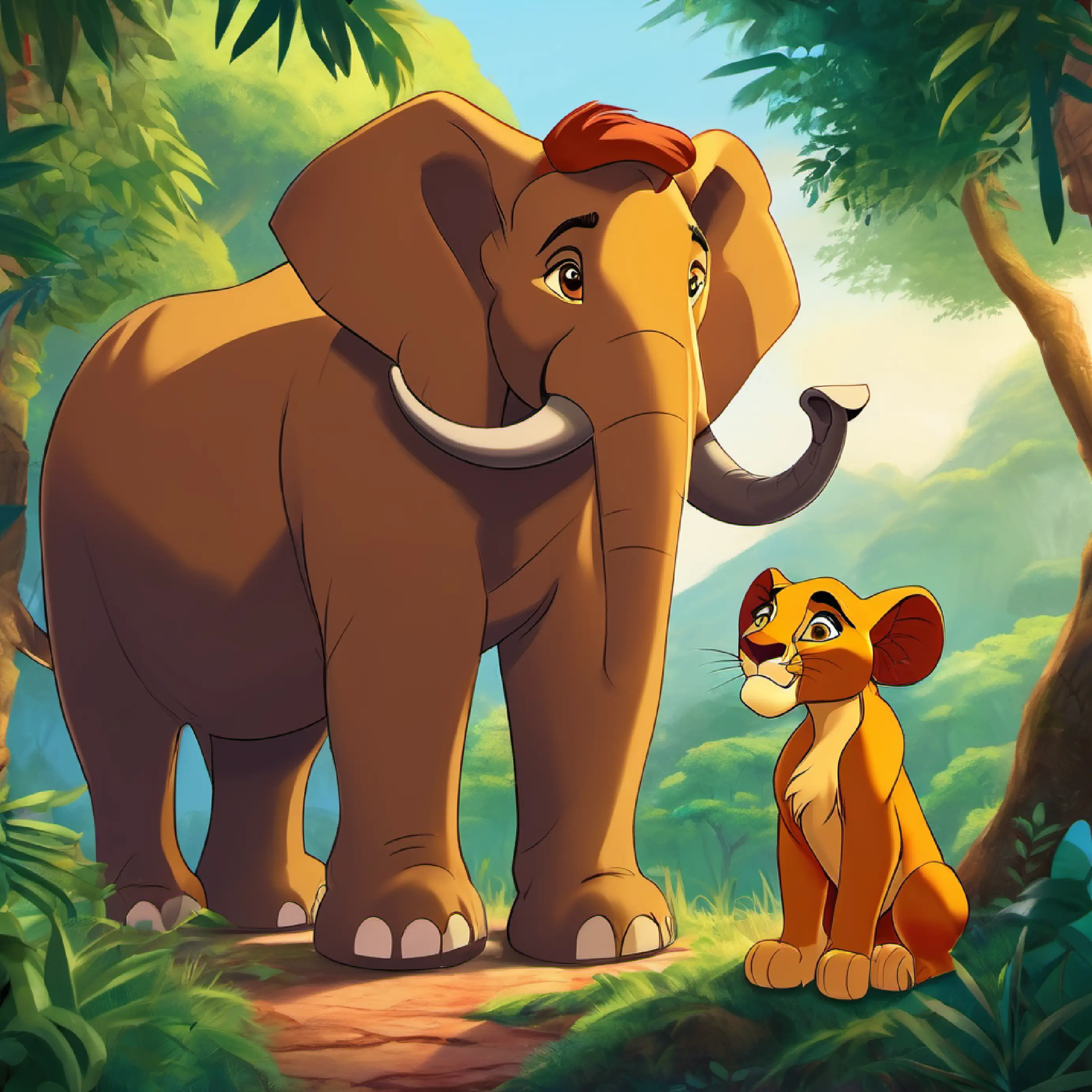 Through it all, Simba's bravery grew stronger, and his determination burned brighter. He always had Zuri's wise counsel and Kai's mischievous antics to guide him. The animals of the jungle started to see Simba's potential and rallied behind him, cheering him on at every step of his journey.  Finally, the day came when Simba faced the ultimate test. He stood before the wise ancient elephant, Mufasa, known to be the guardian of the jungle. "Simba," Mufasa's deep voice echoed, "you have proven your bravery and your commitment to the well-being of the jungle. You are worthy of becoming its king."