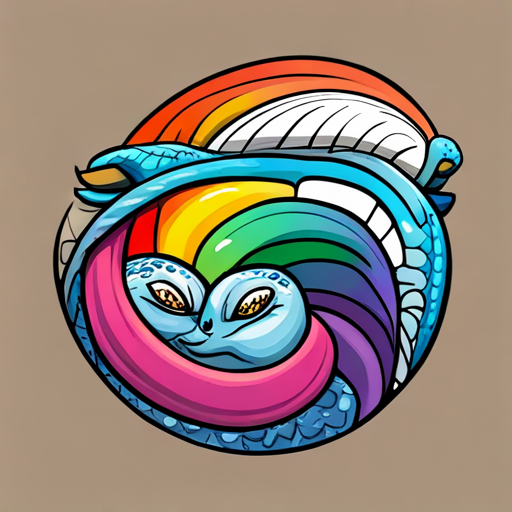 Colorful snake with a friendly smile and magical powers. and Shy creature hiding in a hard shell, curious eyes. talking under a colorful rainbow