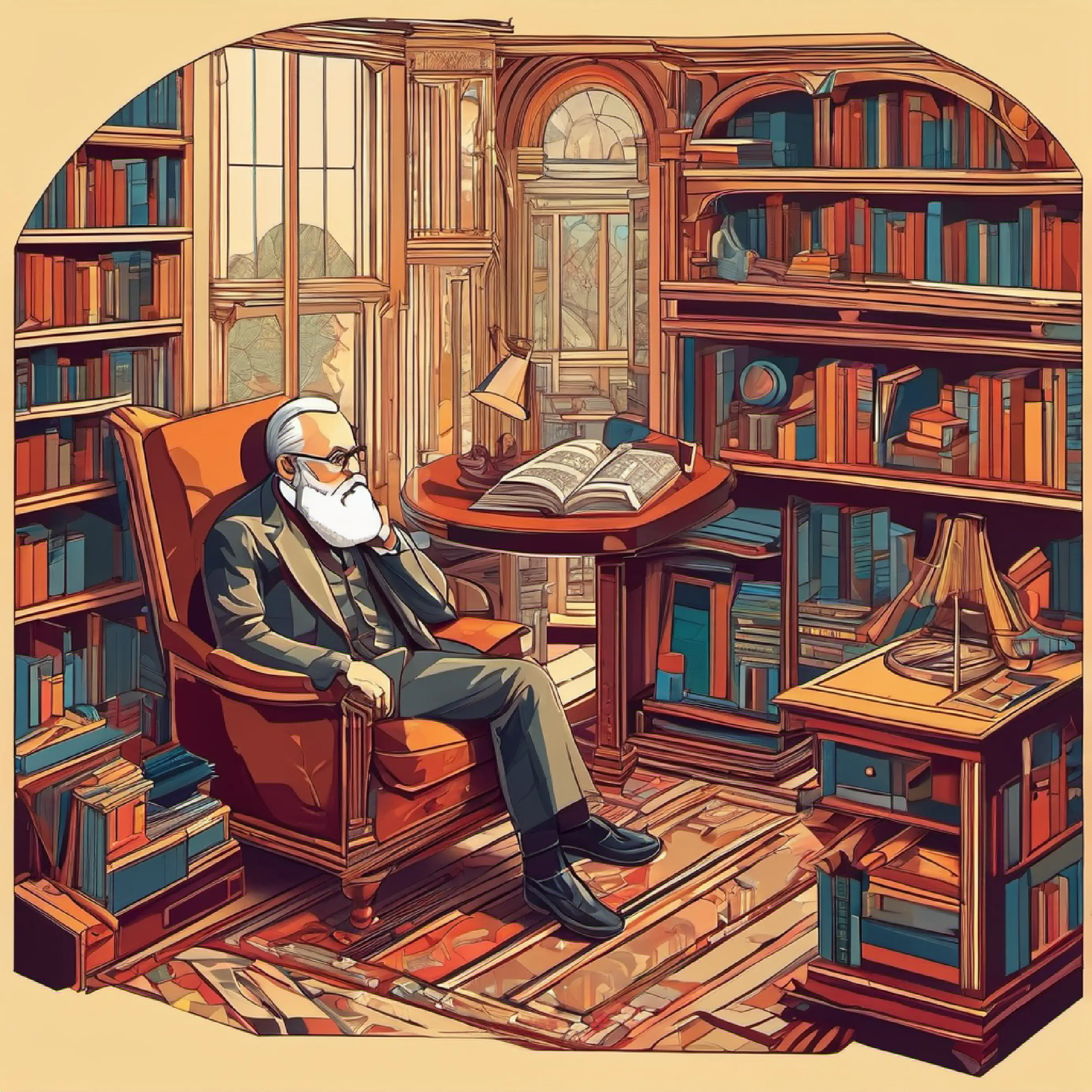 Freud in his study, introspective.