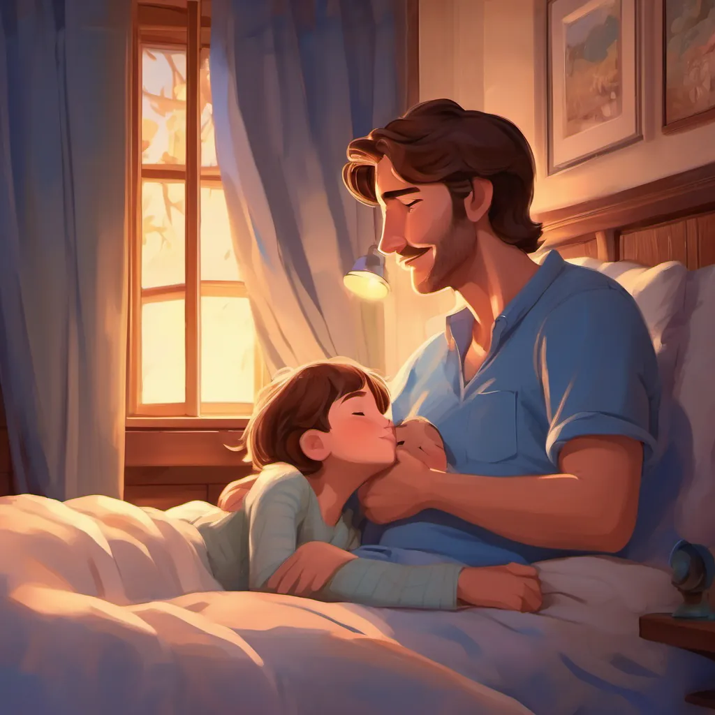 Dad tucking in the Small, with brown hair and blue eyes and giving a goodnight kiss