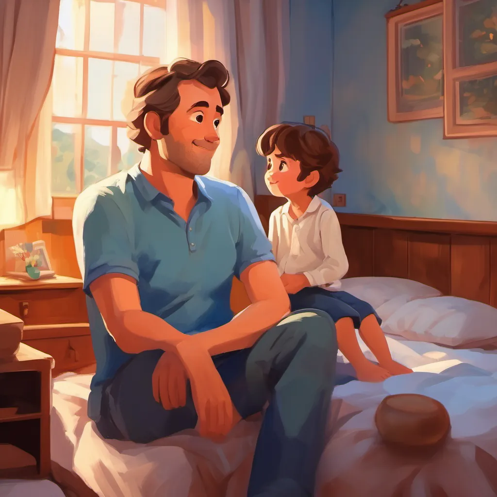 Dad sitting on Small, with brown hair and blue eyes's bed, suggesting talking about happy things