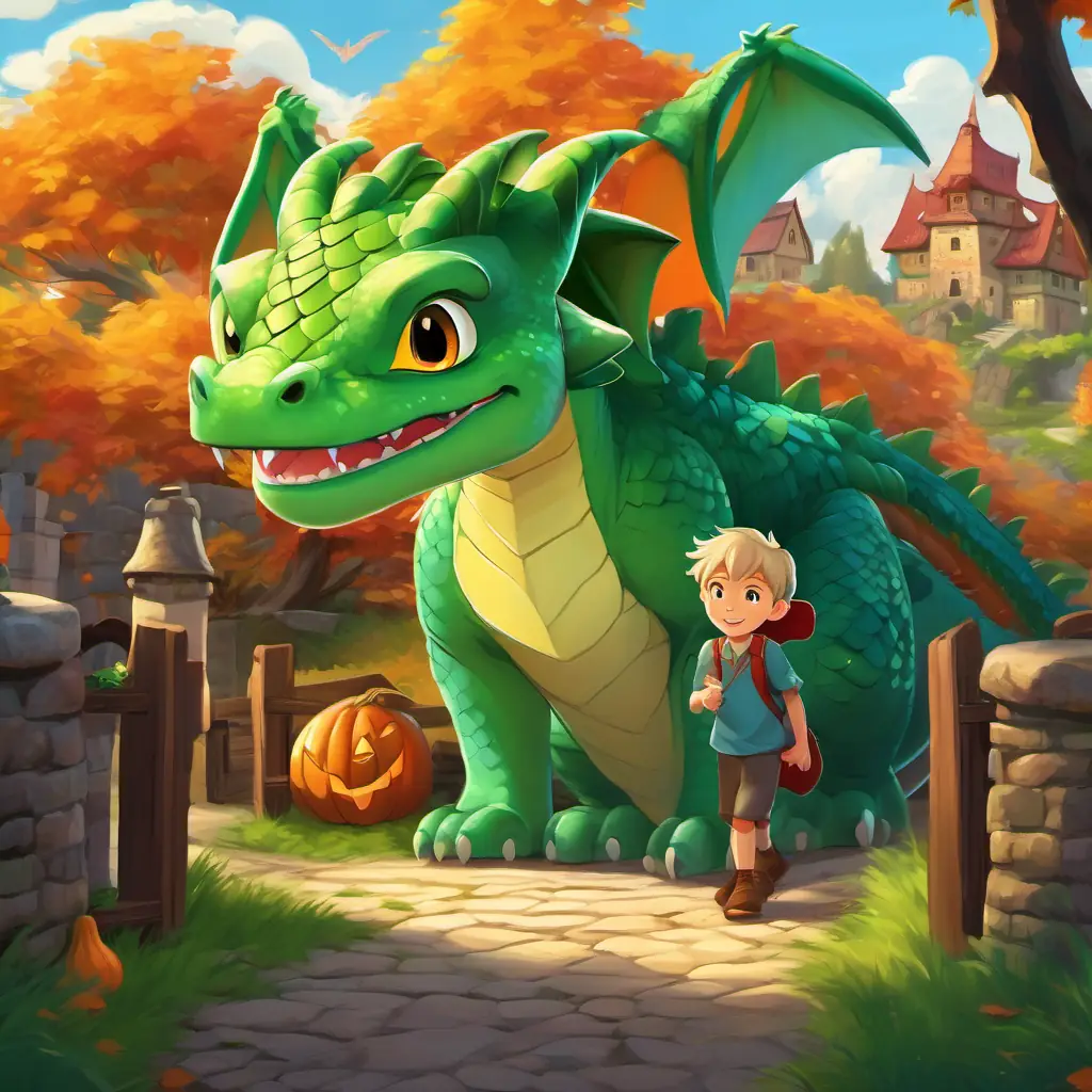 The story opens in a sunny village, where Brave boy with curious eyes and a smile that brightens everyone's day, a brave little boy, meets Friendly dragon with shiny green scales and kind twinkling eyes, a friendly dragon with green scales.