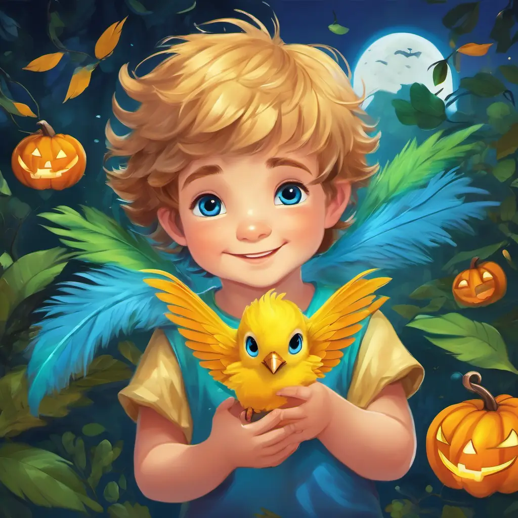 Brave boy with curious eyes and a smile that brightens everyone's day and Friendly dragon with shiny green scales and kind twinkling eyes have fun together, flying, swimming, and meeting a lost baby bird, Lost baby bird with fluffy yellow feathers and bright blue eyes, with yellow feathers and blue eyes.