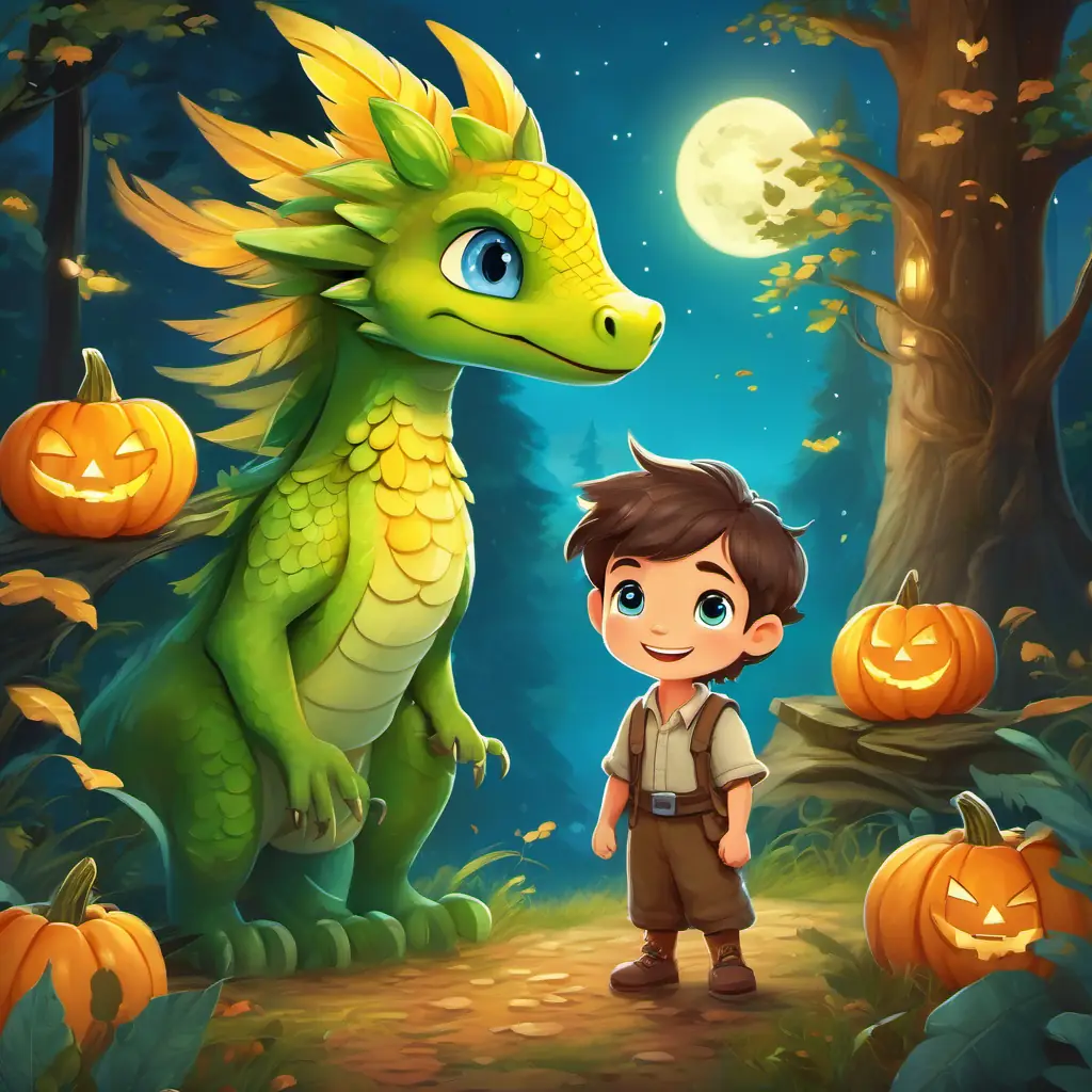 Brave boy with curious eyes and a smile that brightens everyone's day, Friendly dragon with shiny green scales and kind twinkling eyes, and Lost baby bird with fluffy yellow feathers and bright blue eyes search for Lost baby bird with fluffy yellow feathers and bright blue eyes's family and find them in a dark forest.