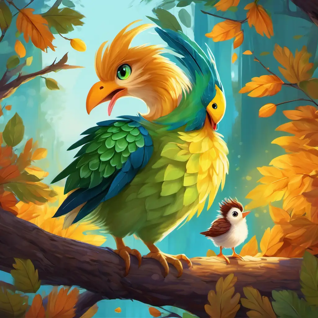 Benny's parent with beautiful colorful feathers and a caring nature and Lost baby bird with fluffy yellow feathers and bright blue eyes's parent with gentle eyes, soft feathers and a warm heart invite Brave boy with curious eyes and a smile that brightens everyone's day and Friendly dragon with shiny green scales and kind twinkling eyes to their warm and cozy nest to share stories.