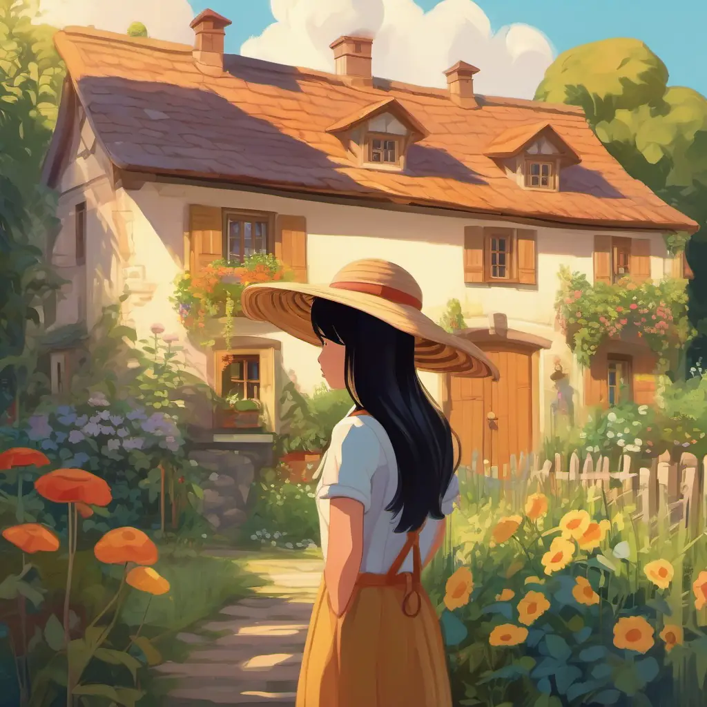 Introduction to Young girl with long, black hair and brown eyes, wears a sun hat and her countryside home with a garden