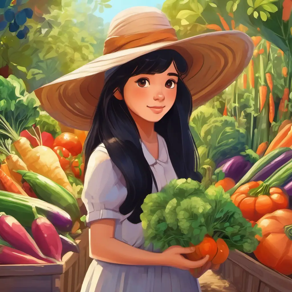 Young girl with long, black hair and brown eyes, wears a sun hat's garden with various colorful vegetables