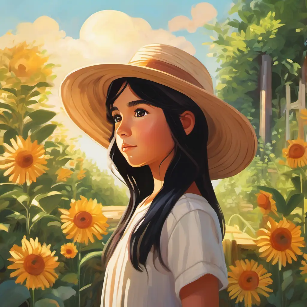 Young girl with long, black hair and brown eyes, wears a sun hat reflecting on the efforts needed for a thriving garden