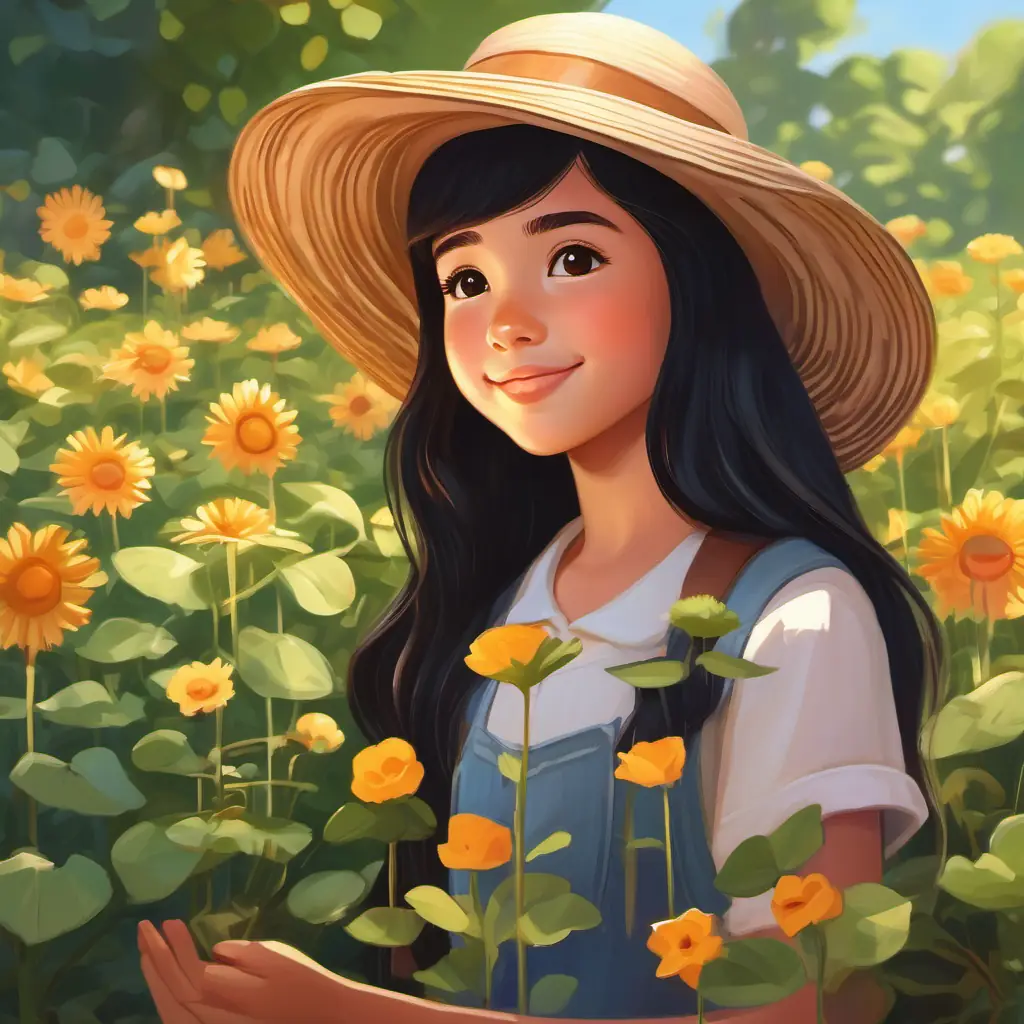 Young girl with long, black hair and brown eyes, wears a sun hat making a heartfelt promise to her garden