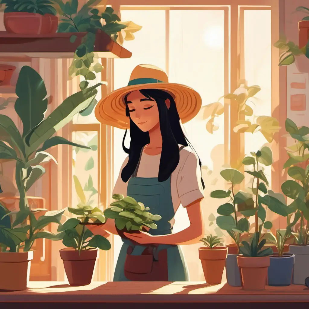 Young girl with long, black hair and brown eyes, wears a sun hat caring for her plants in the morning routine