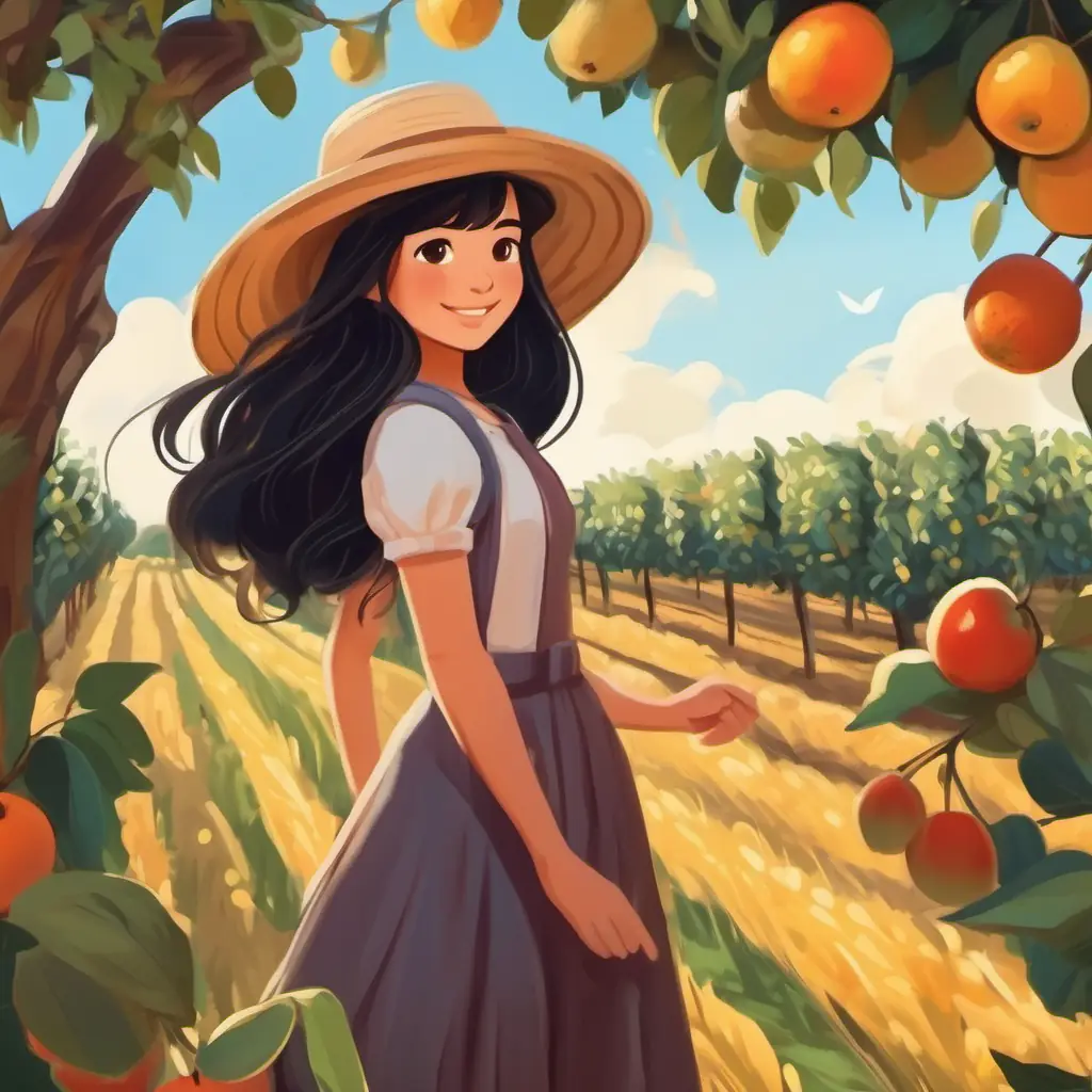 Young girl with long, black hair and brown eyes, wears a sun hat harvesting fruits from her orchard