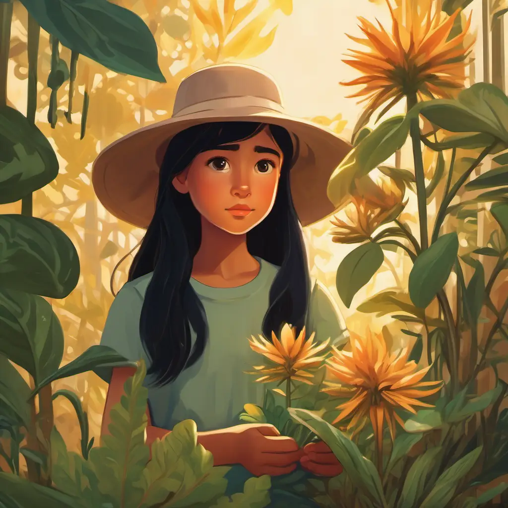 Young girl with long, black hair and brown eyes, wears a sun hat discovering sick plants, depicting concern