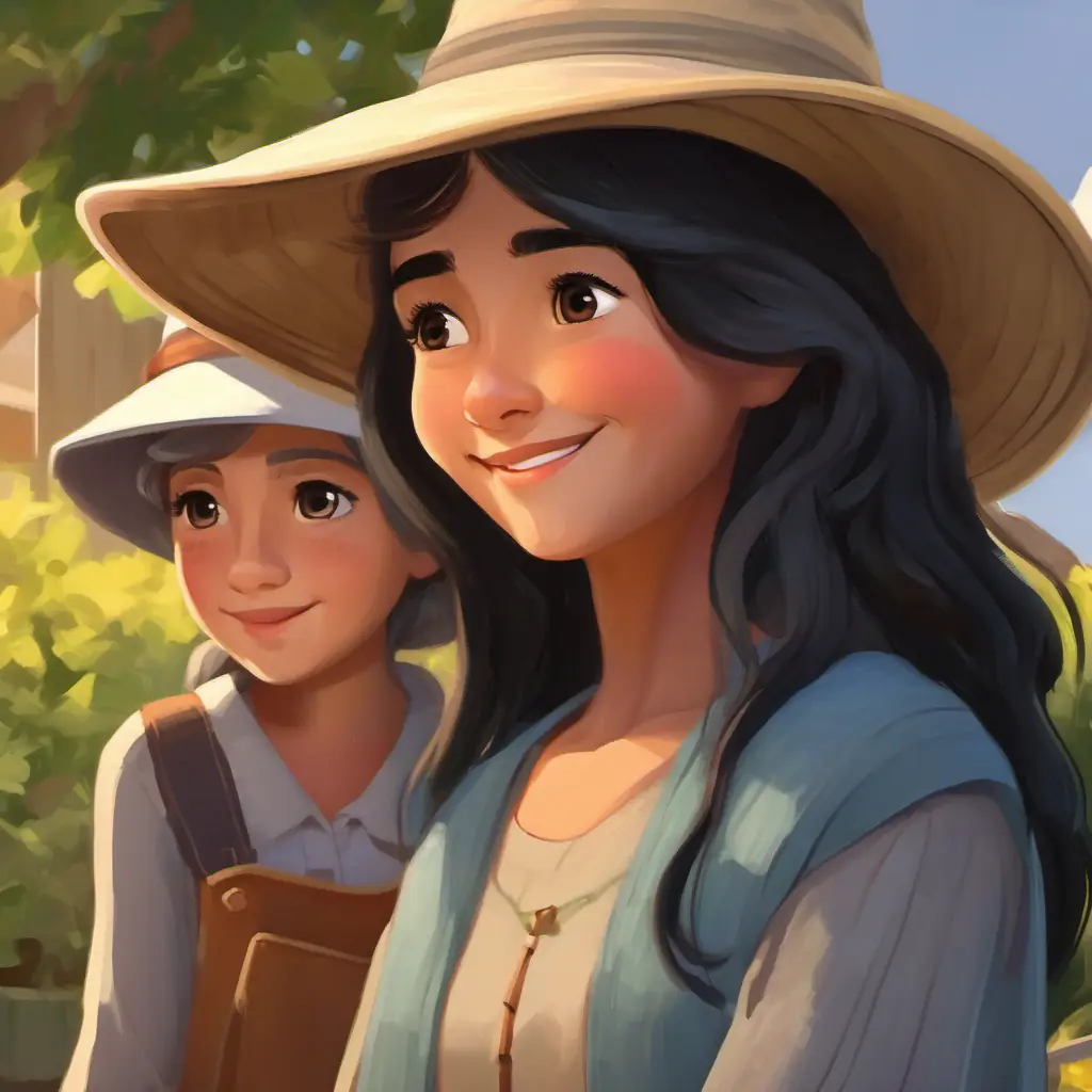 Young girl with long, black hair and brown eyes, wears a sun hat seeking advice from Elderly woman with grey hair, wise eyes, often smiles, who is knowledgeable