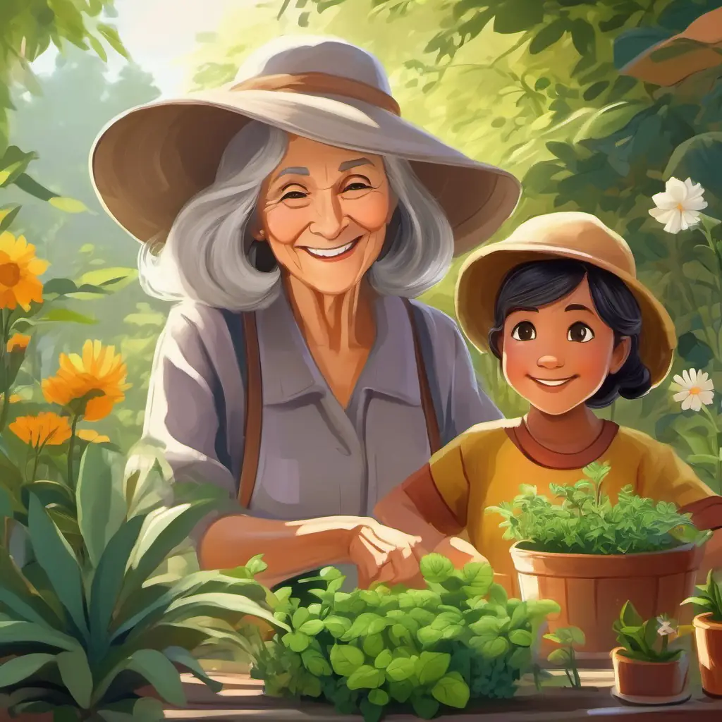 Elderly woman with grey hair, wise eyes, often smiles teaching Young girl with long, black hair and brown eyes, wears a sun hat about natural remedies for plants