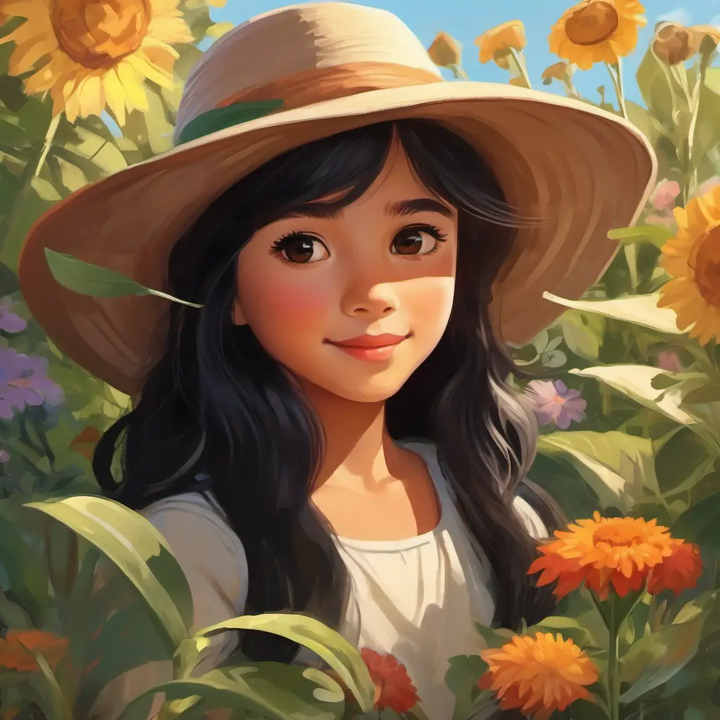 Young girl with long, black hair and brown eyes, wears a sun hat persistently caring for her garden, showing improvement