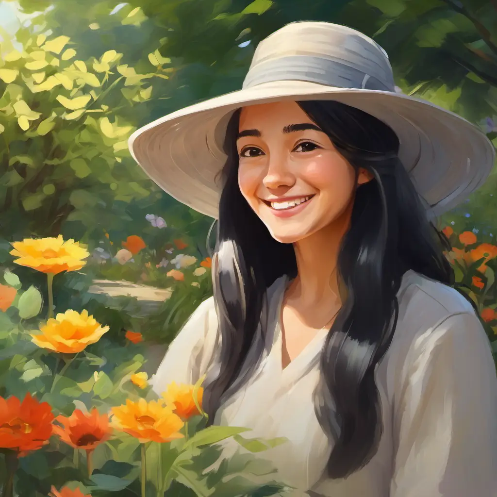 Garden flourishing, reflecting Young girl with long, black hair and brown eyes, wears a sun hat and Elderly woman with grey hair, wise eyes, often smiles's happiness