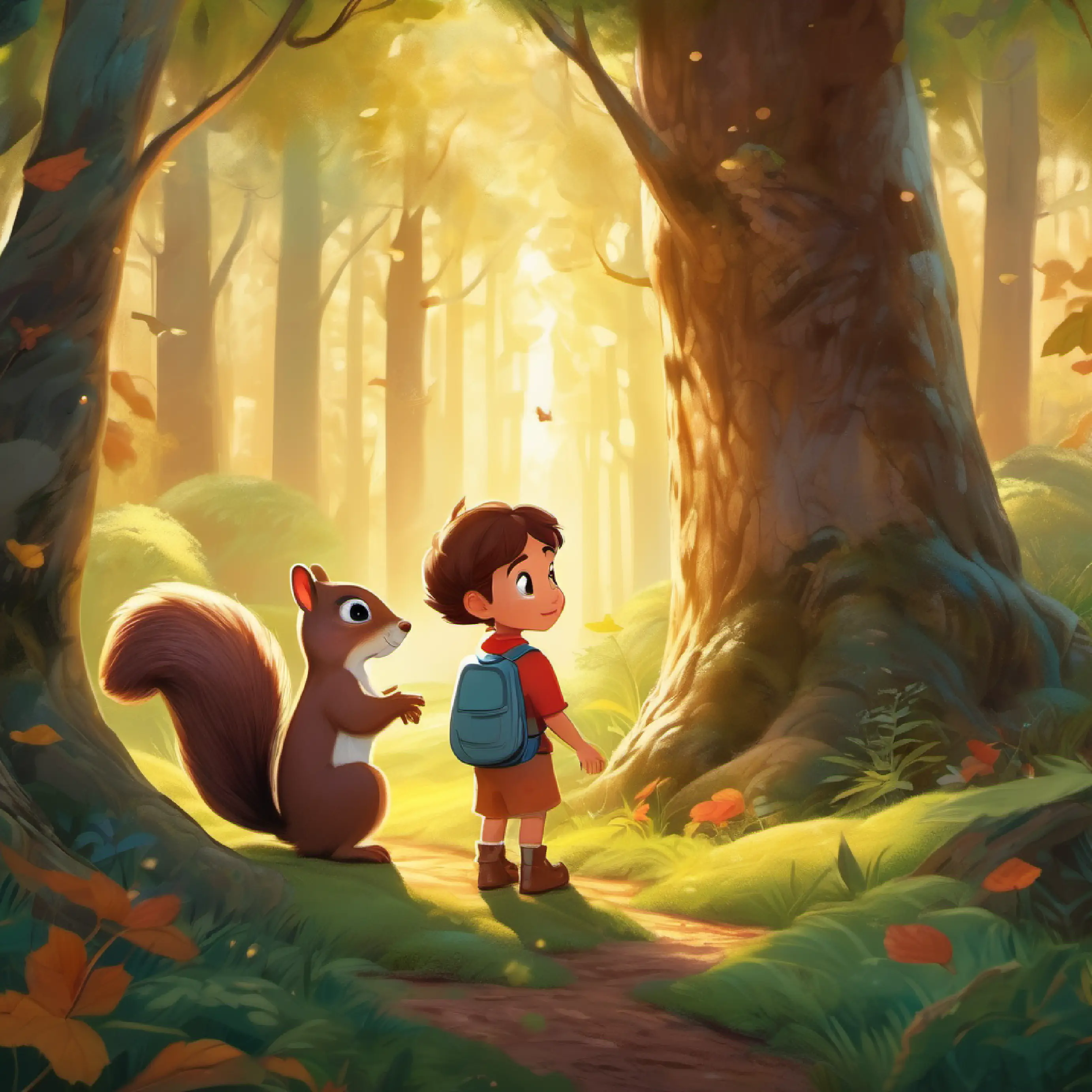 Kind, curious child with bright eyes and a courageous smile meets a talking squirrel in the magical Whispering Woods.