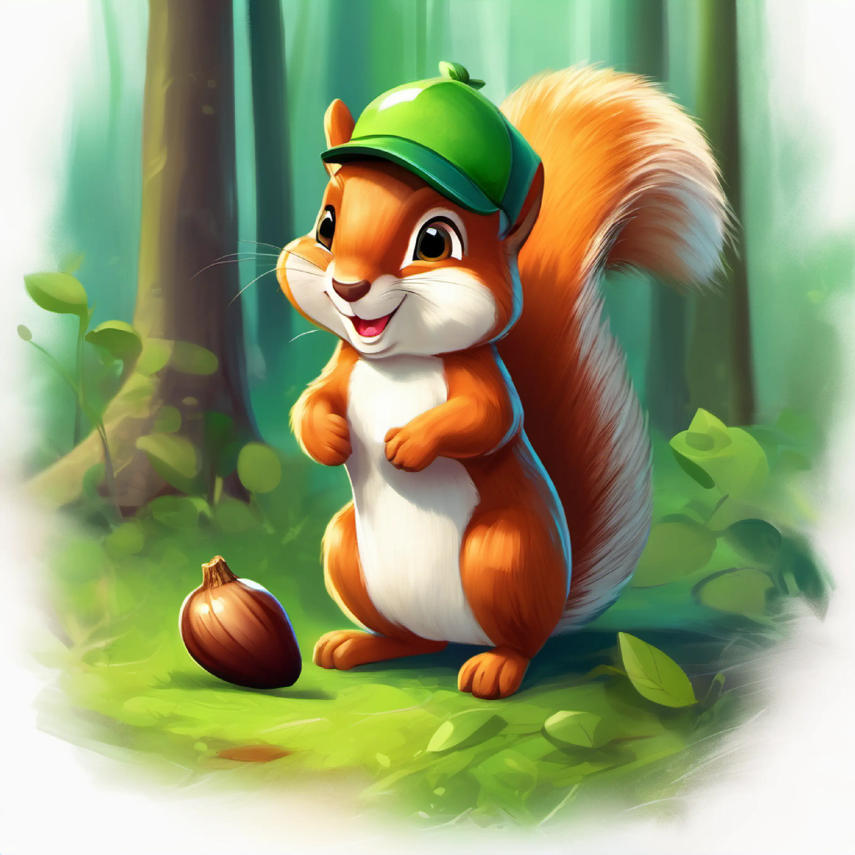 Friendly squirrel with a green cap, holding an acorn the squirrel asks Kind, curious child with bright eyes and a courageous smile for help finding the Magic Acorn.