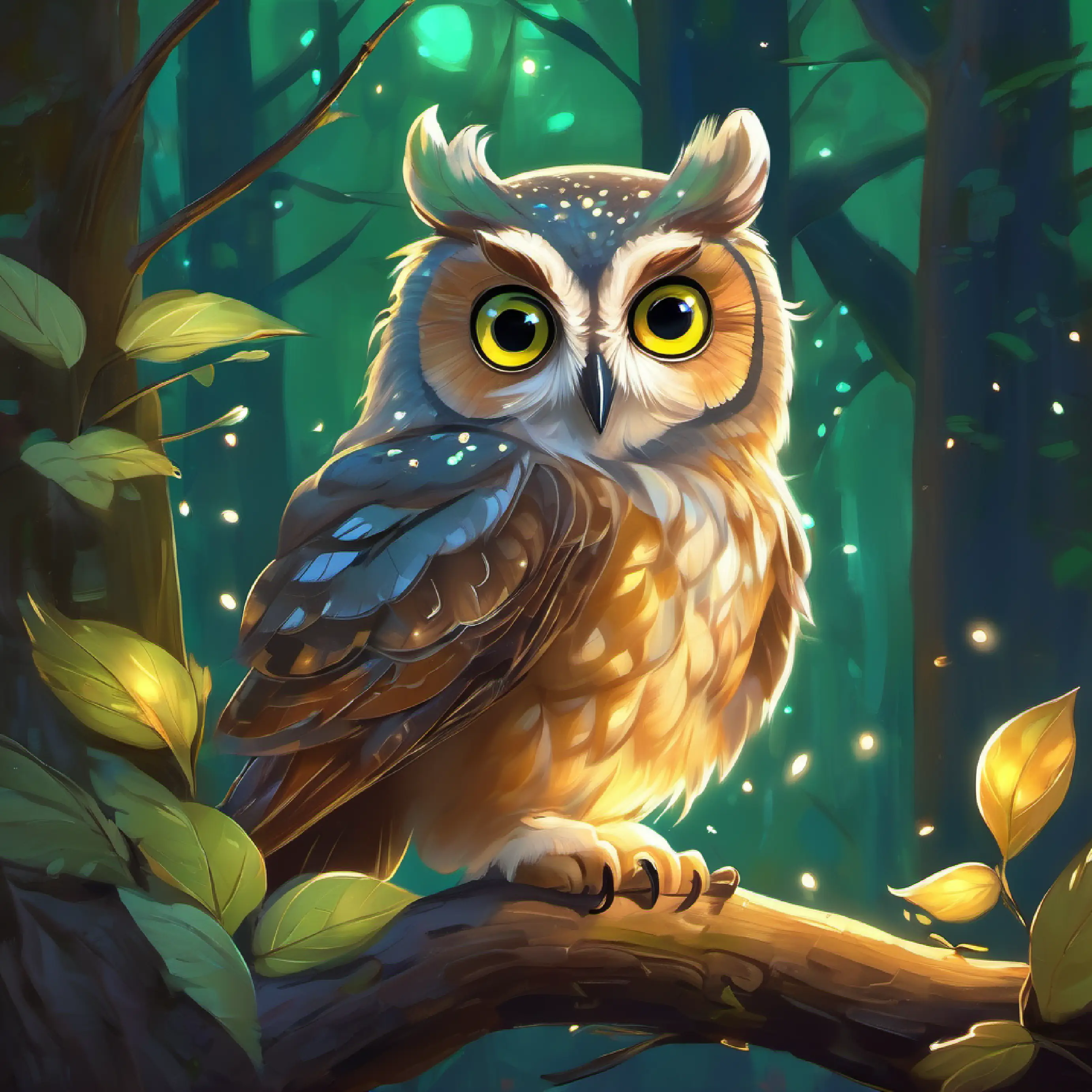 Wise, old owl with white feathers and knowing golden eyes the owl guides Kind, curious child with bright eyes and a courageous smile and Friendly squirrel with a green cap, holding an acorn to follow the fireflies.