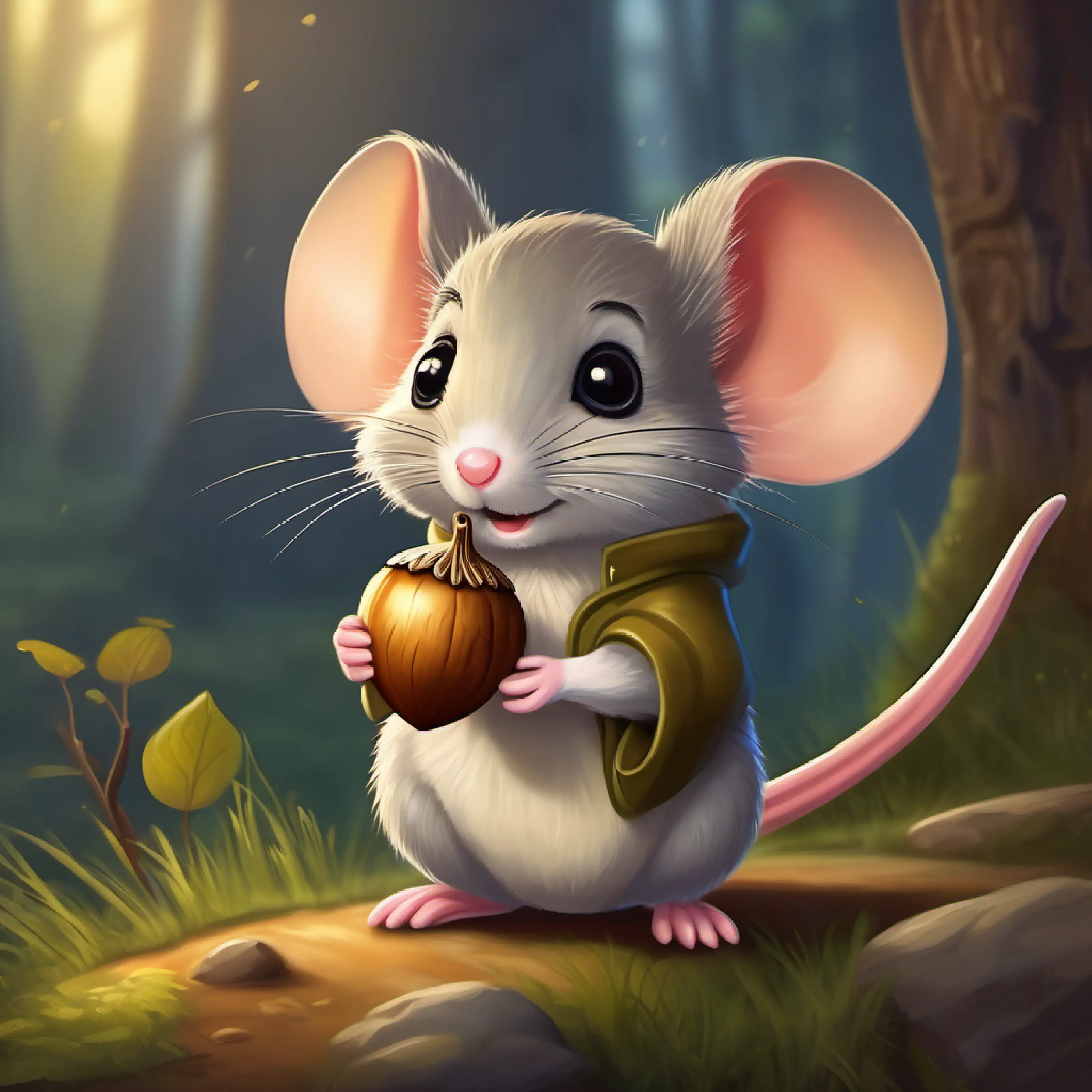 Small mouse with a scared look but friendly, holding a shiny acorn the mouse is found with the Magic Acorn in the Gloomy Glen.