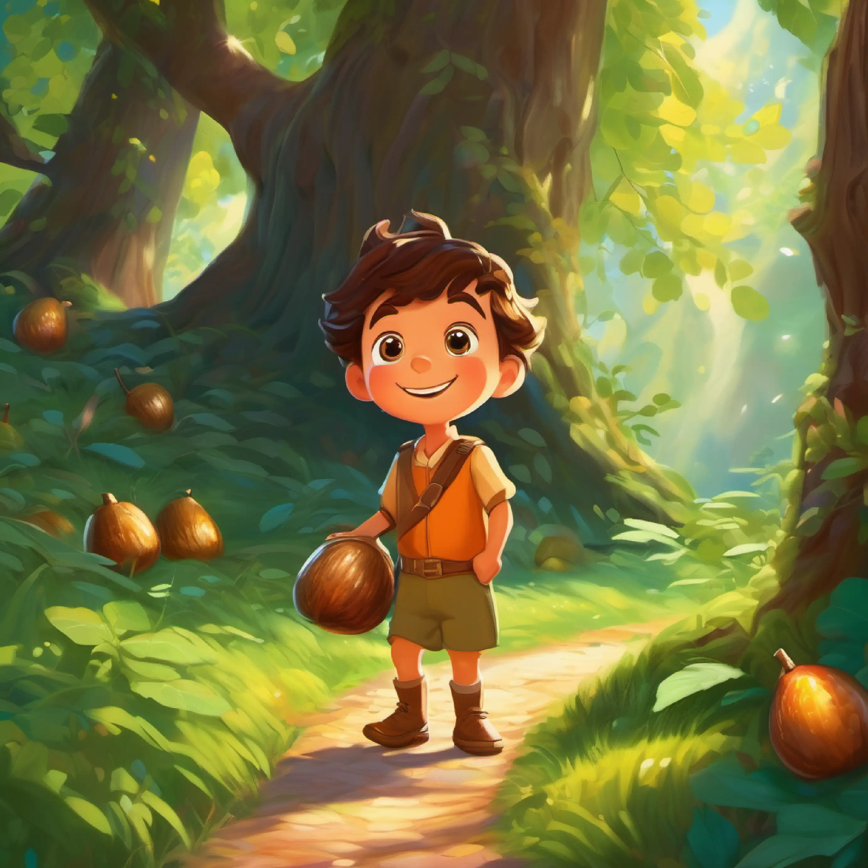 Kind, curious child with bright eyes and a courageous smile restores the Magic Acorn, becomes the Guardian, and ends the adventure.