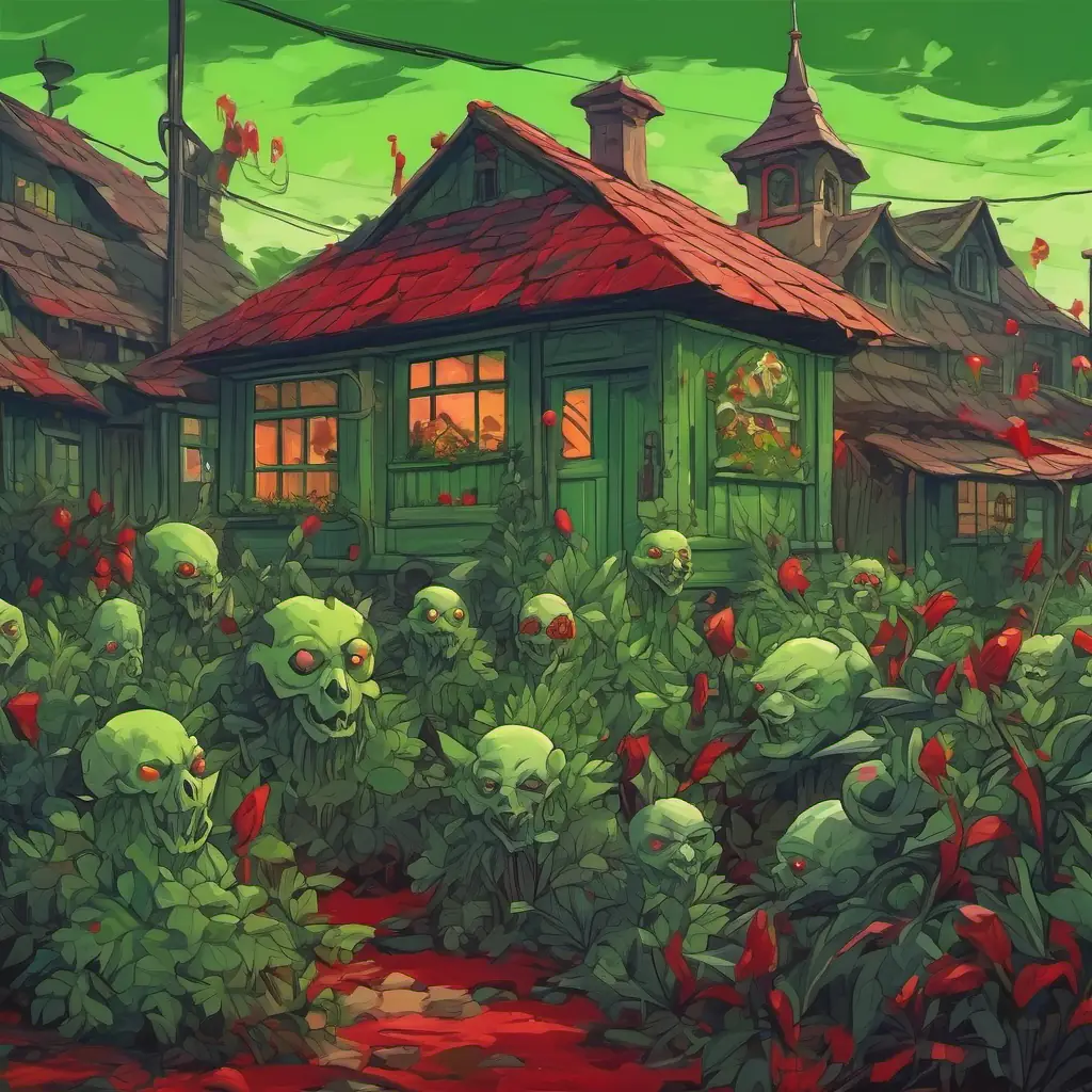 Rural town, plants as protagonists, evil Pale green skin, red eyes, menacing and devious and zombies as antagonists