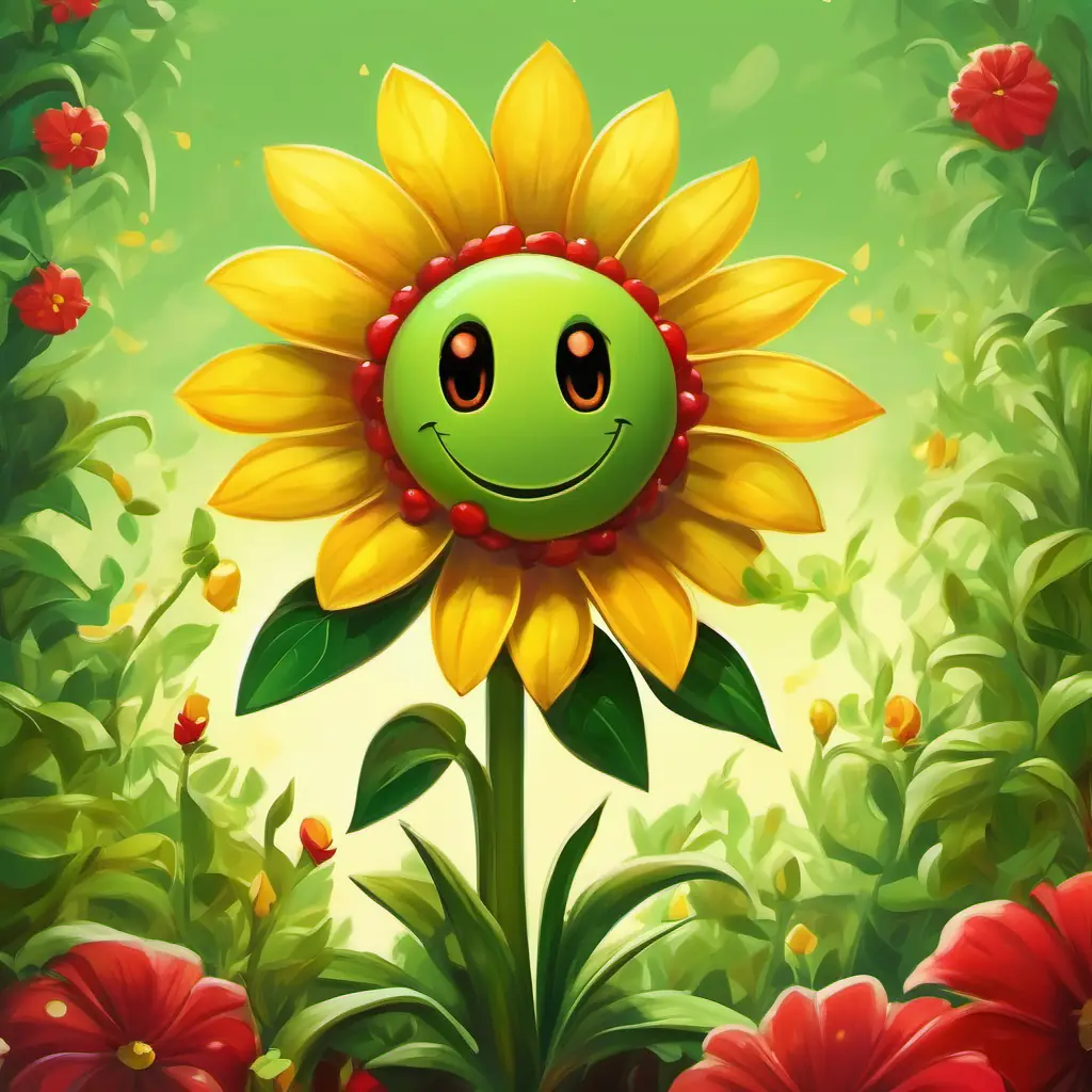Dialogue between Yellow petals, brown center, cheerful and positive and Green plant with a peashooter on top, determined, discussion about Pale green skin, red eyes, menacing and devious's motives
