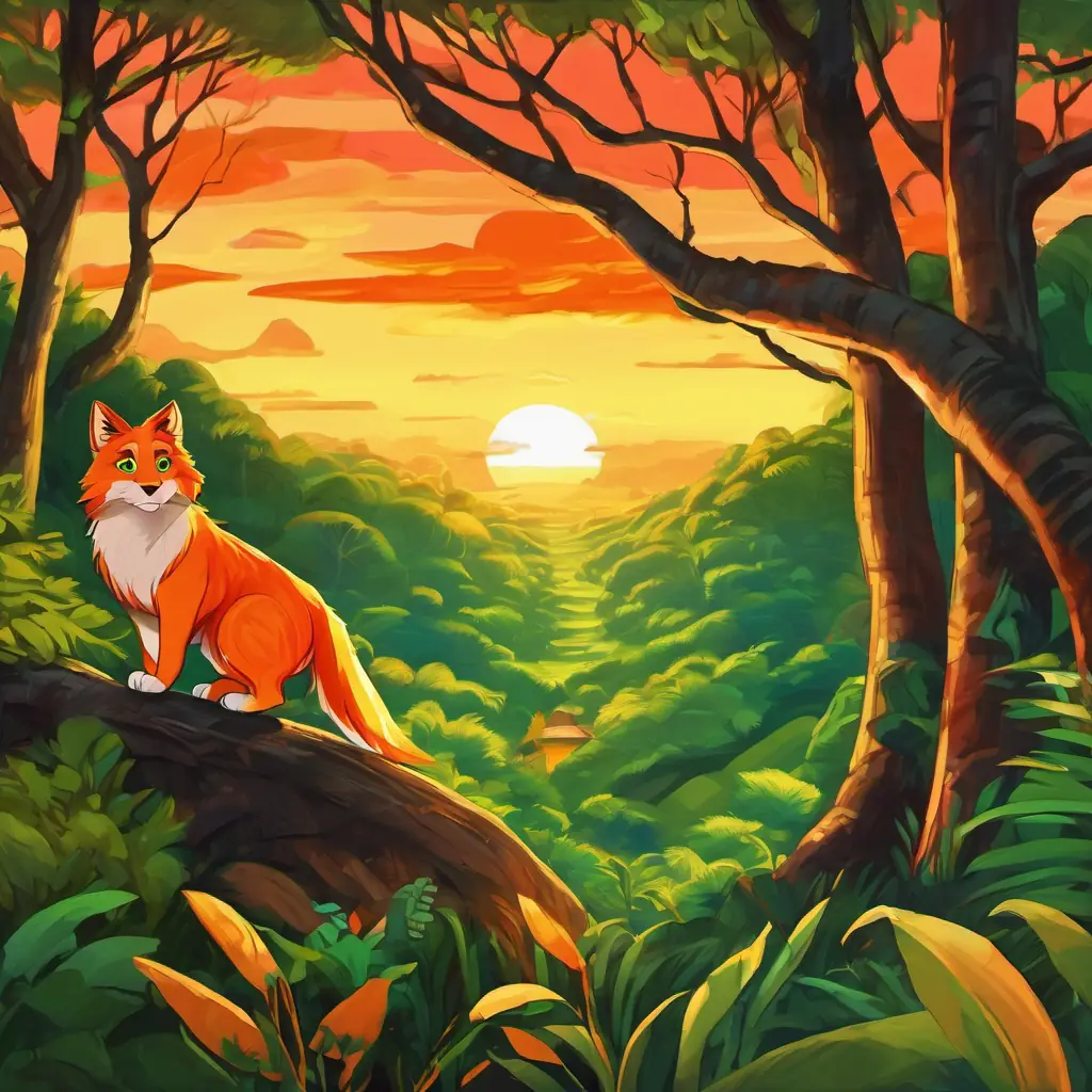 On the second page, we see a picture of Orange fur, black stripes, green eyes in his jungle, painting a beautiful sunset with vibrant colors. The sky is filled with orange, yellow, and red hues, and there are trees and animals surrounding him.