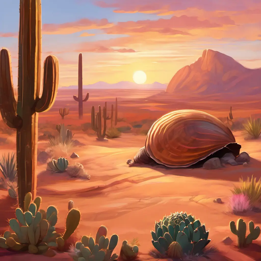 On the third page, we see a picture of Brown shell, small ears, black eyes in his desert, painting a peaceful sunset with warm colors. The sky is filled with shades of brown, gold, and pink, and there are cacti and other desert plants in the background.