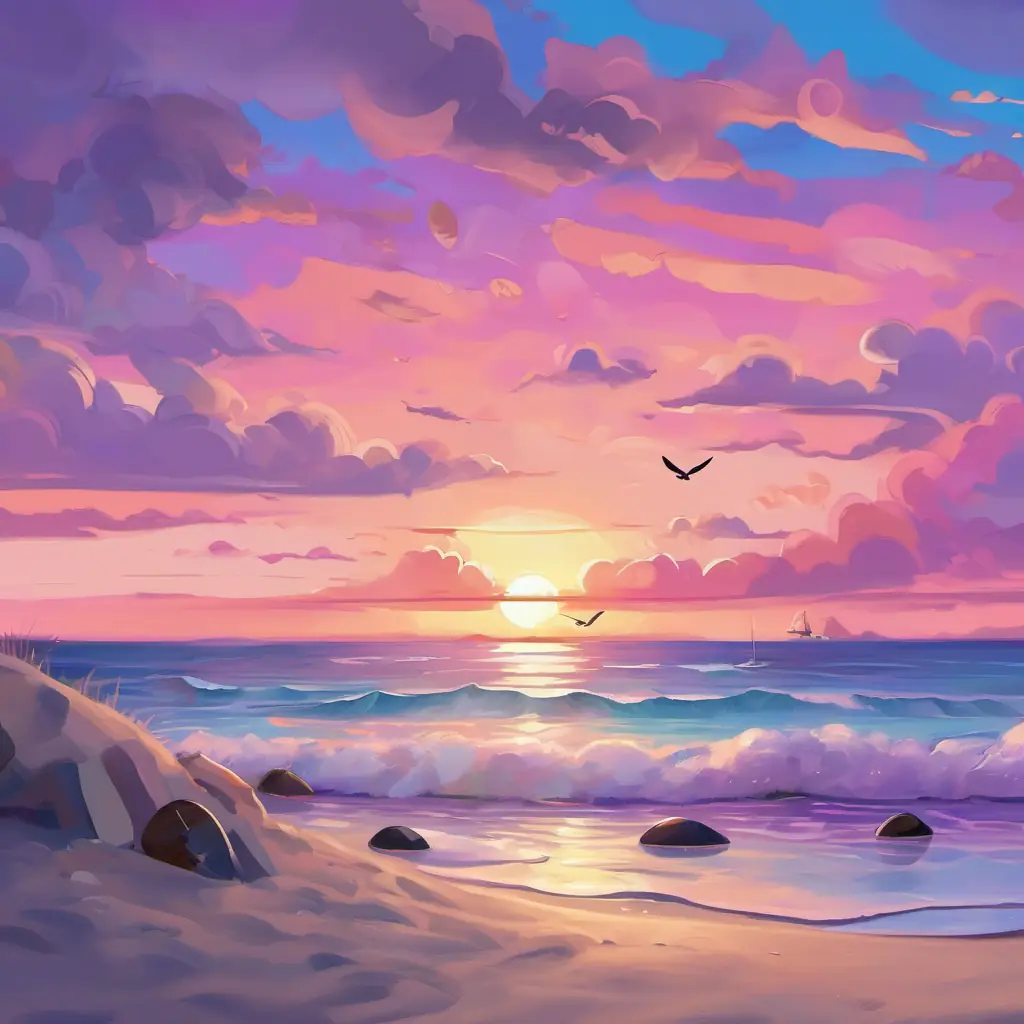 On the fourth page, we see a picture of Gray skin, round body, big black eyes by the beach, painting a magical sunset with cool colors. The sky is filled with shades of blue, purple, and pink, and there are seashells and seagulls in the sand.