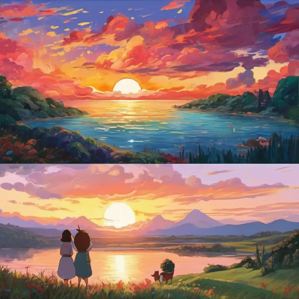 On the last page, we see a collage of all three characters' paintings of sunsets. Each painting has its own distinct colors and style, but they all look beautiful together.