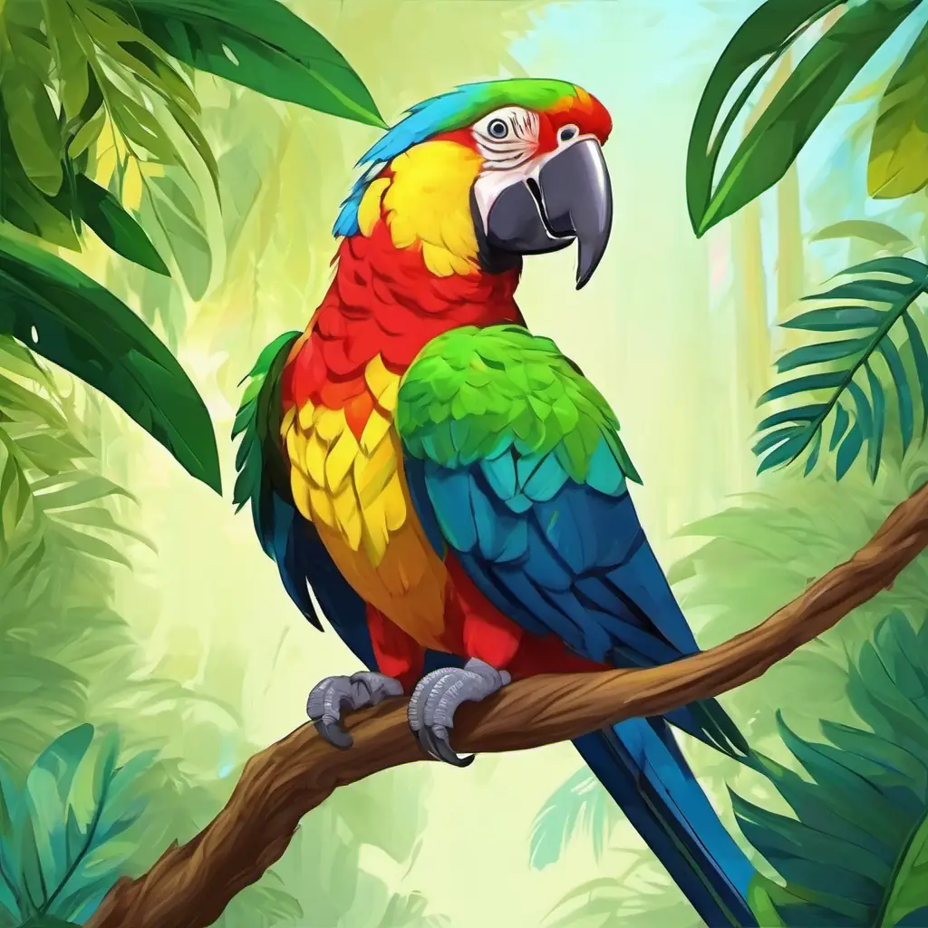 Colorful feathers (green, yellow, blue, red) parrot with joyful eyes the parrot sitting on a branch in the colorful jungle