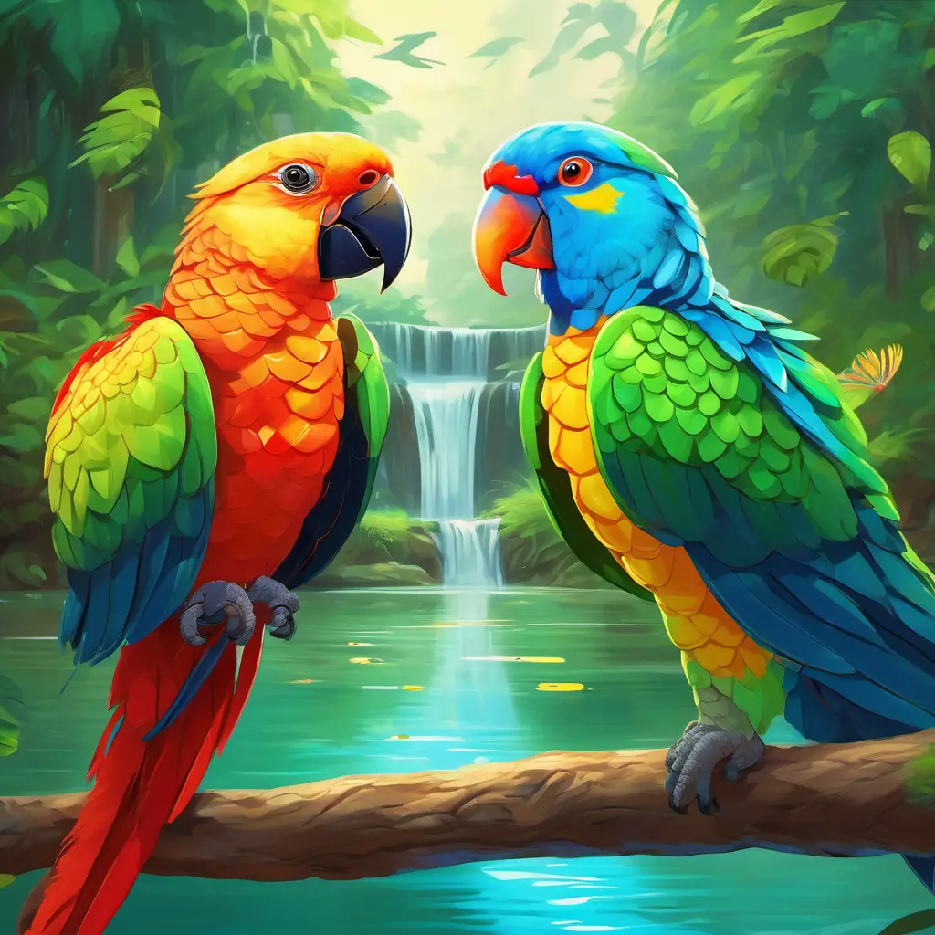 Colorful feathers (green, yellow, blue, red) parrot with joyful eyes and Wise old turtle with a calm and friendly expression having a conversation near a calm river