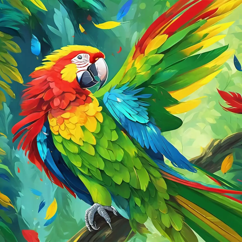 Colorful feathers (green, yellow, blue, red) parrot with joyful eyes happily flying among the trees, singing his cheerful song