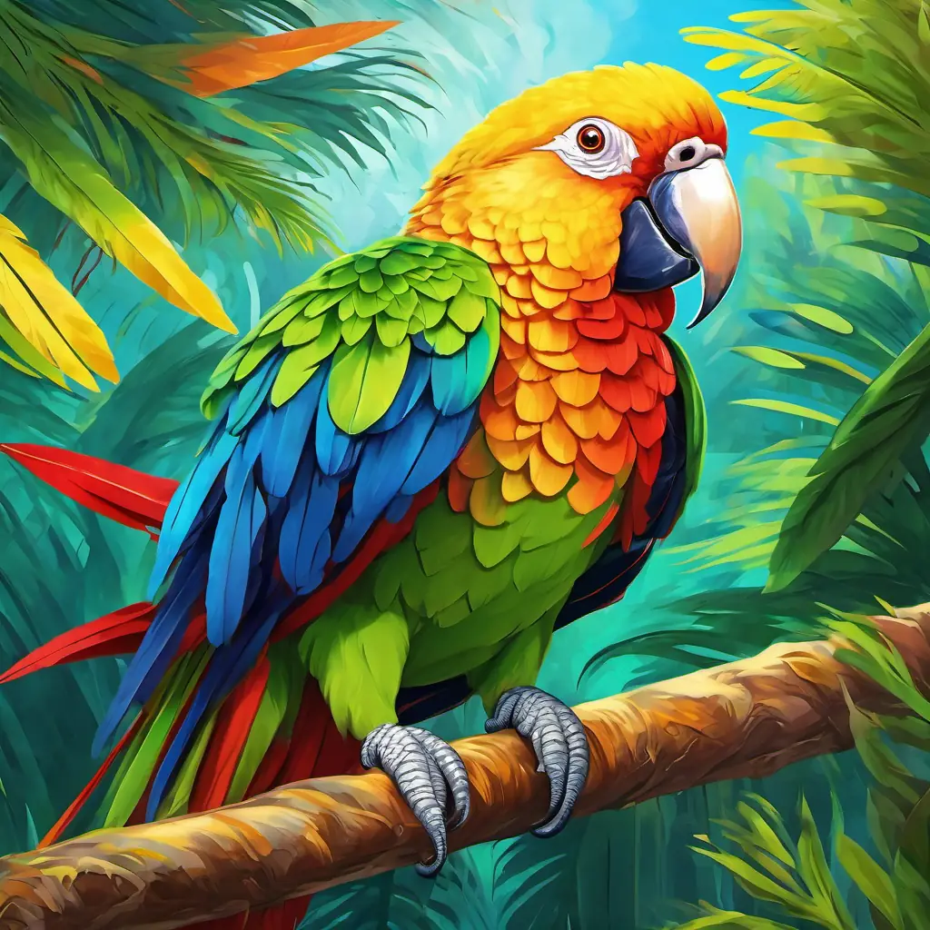 Colorful feathers (green, yellow, blue, red) parrot with joyful eyes being celebrated by all the animals in the jungle