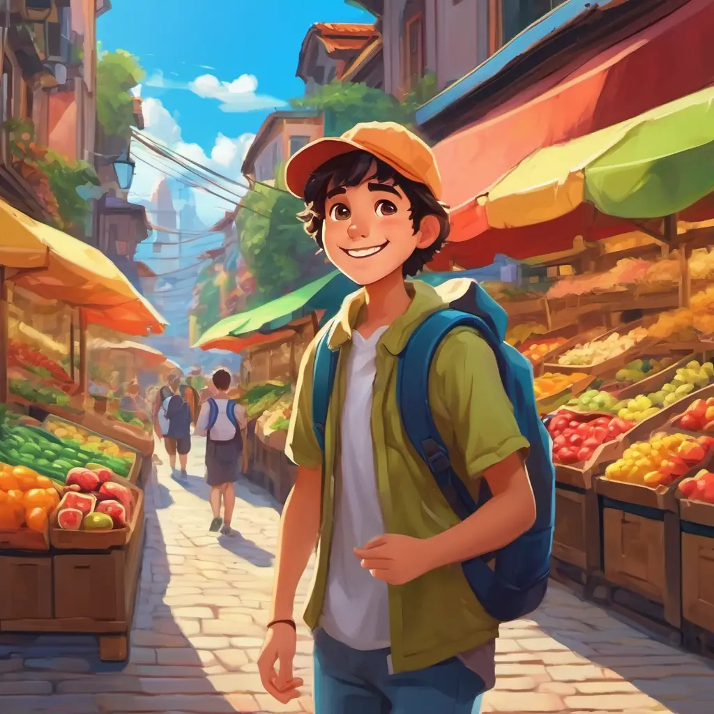 A friendly teenager with a warm smile and a backpack full of curiosity, a friendly teenager with a warm smile and a backpack full of curiosity, enters a vibrant market.