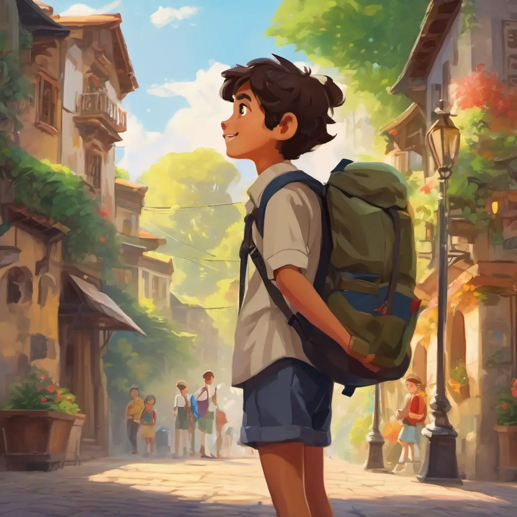 A friendly teenager with a warm smile and a backpack full of curiosity observes people from different countries, each using unique non-verbal cues to communicate.