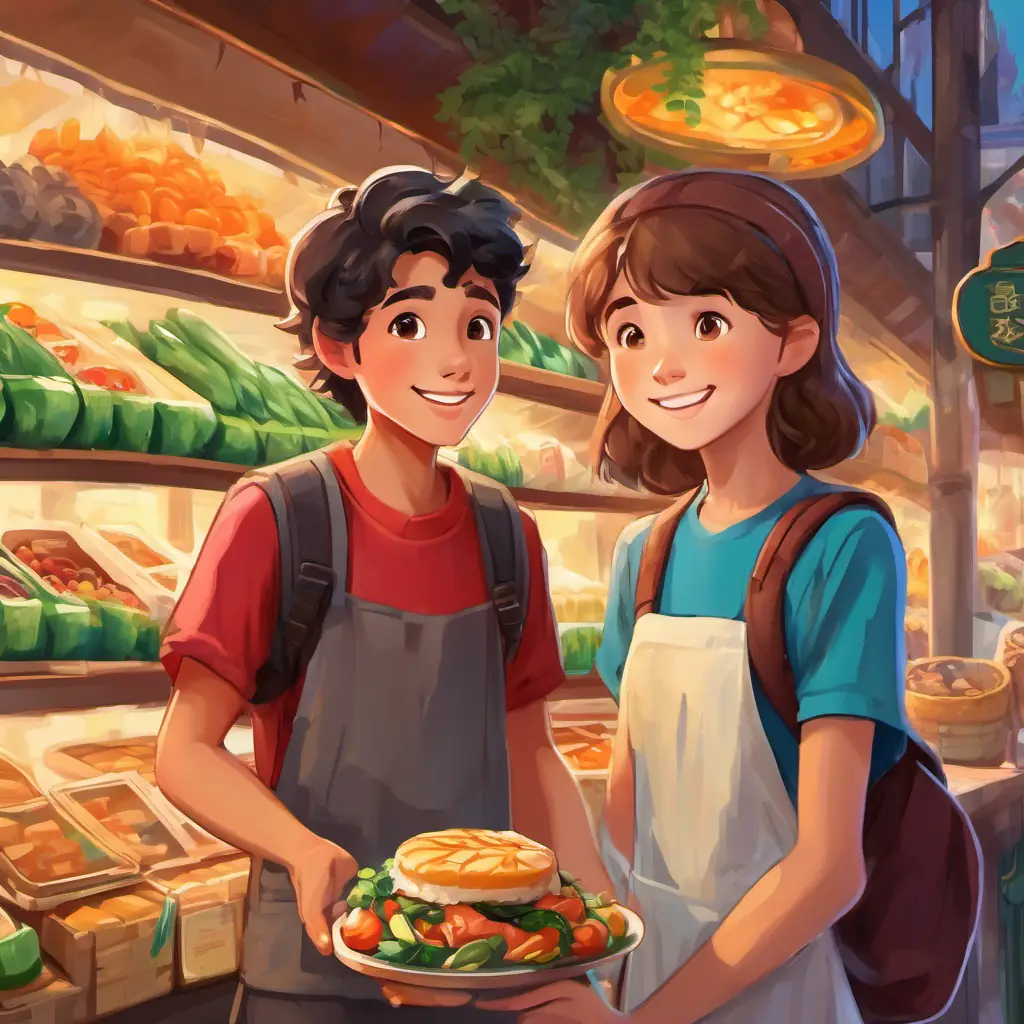 A friendly teenager with a warm smile and a backpack full of curiosity, with a curious look, stands in front of a friendly vendor offering a plate of delicious food.