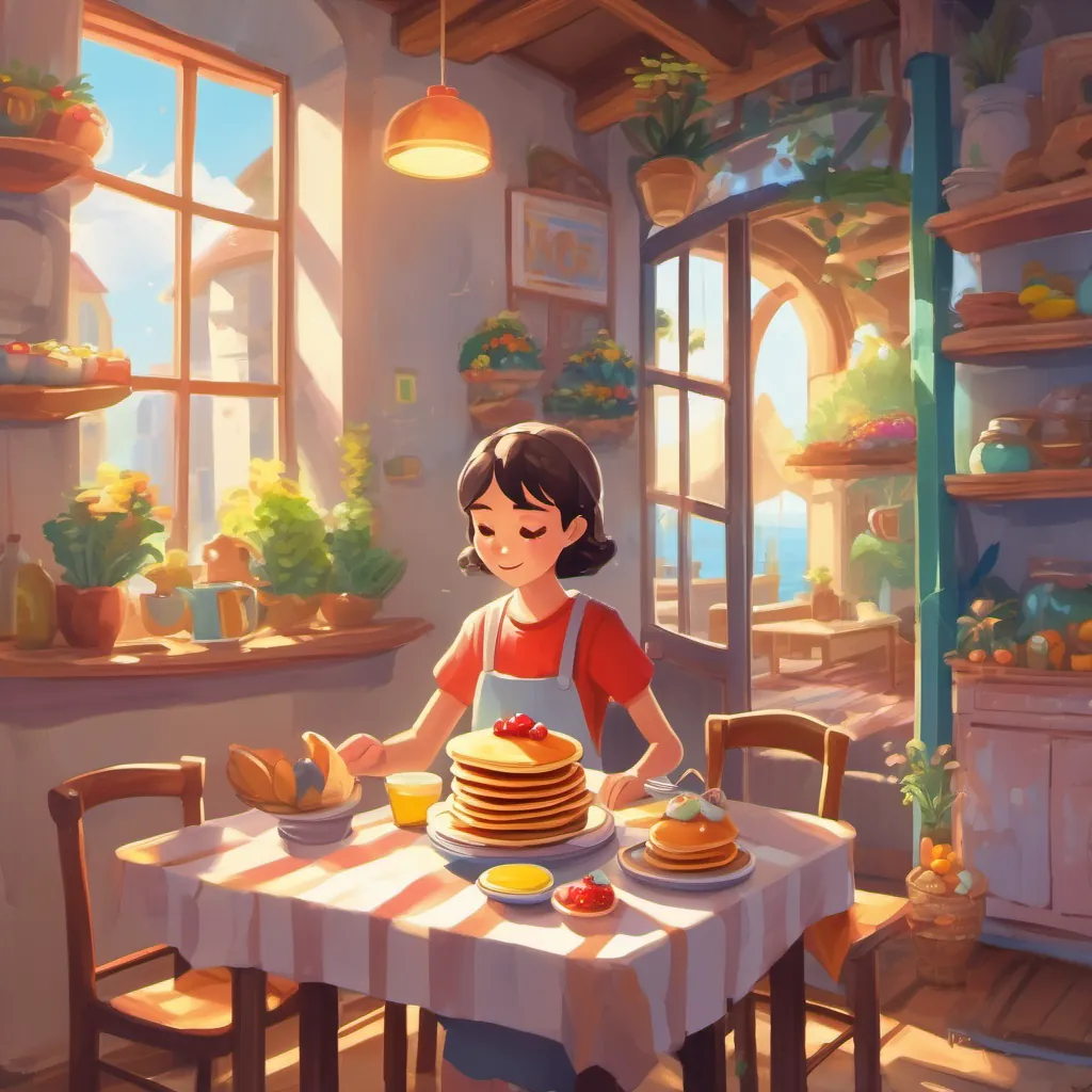 A vibrant Saturday morning with pancakes, sunrays and a joyful, whimsical feel.