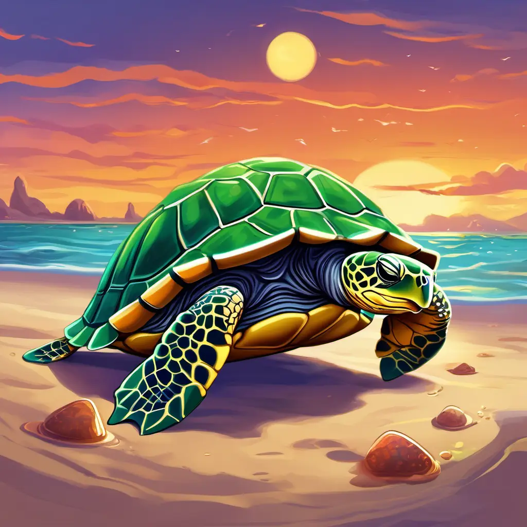 At the sandy beach, Small green turtle with bright, curious eyes and tiny flippers listens to Larger turtle with a gentle smile and wise eyes's advice.