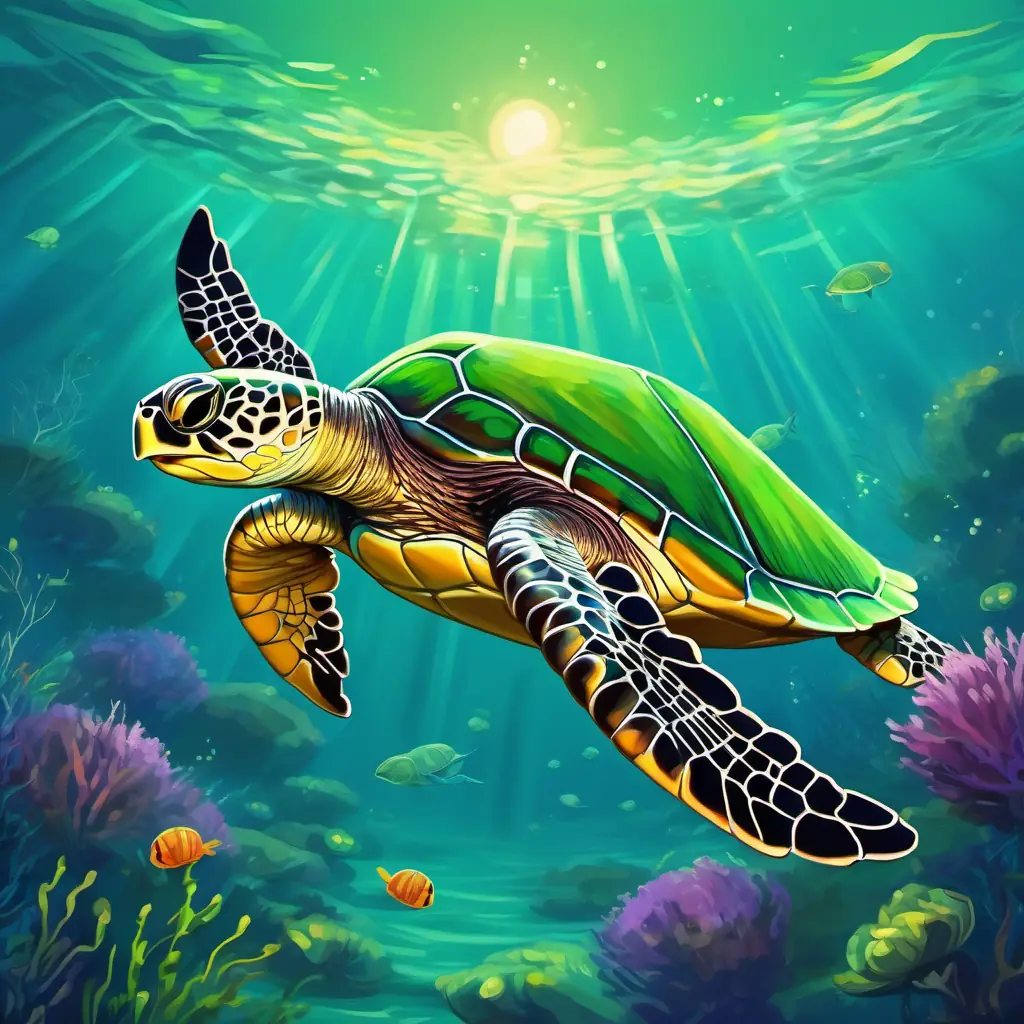 Small green turtle with bright, curious eyes and tiny flippers happily swimming in the vast ocean.