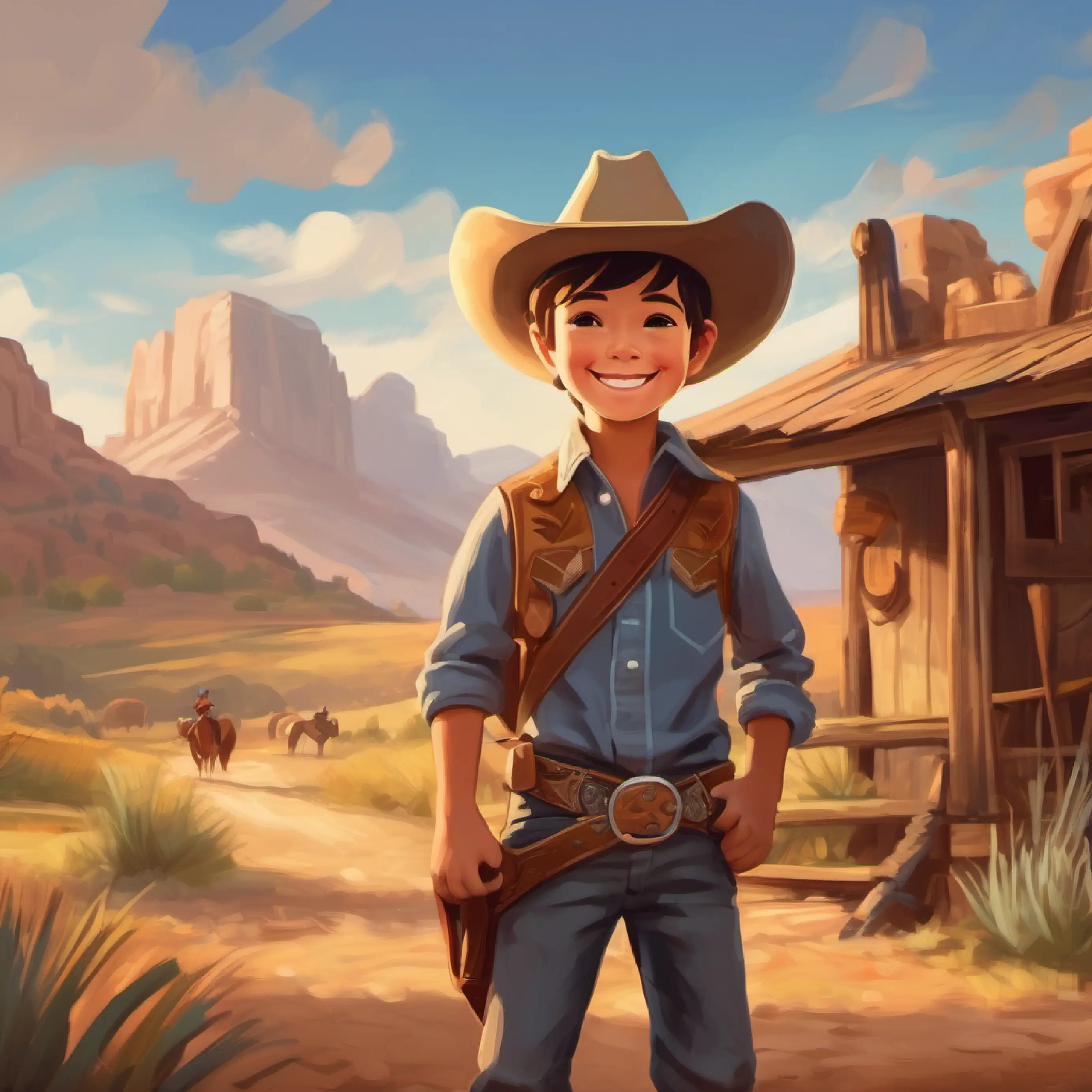 Young boy, eager face, wears a cowboy hat and a big smile preparing for his Texas trip from his hometown.