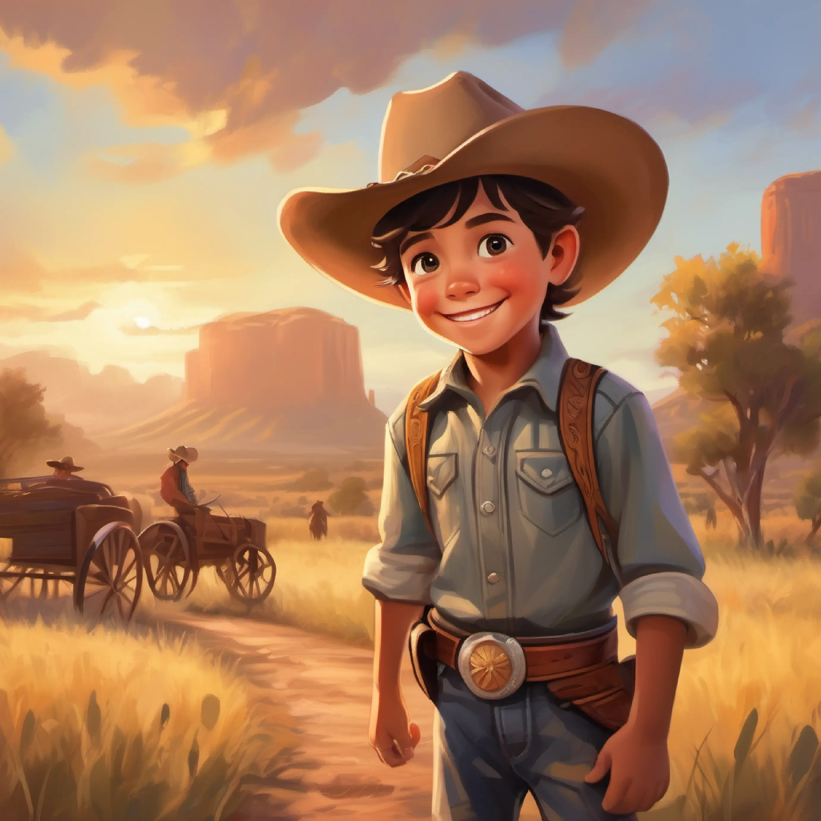 Young boy, eager face, wears a cowboy hat and a big smile arrives in Texas, wide-eyed and excited.