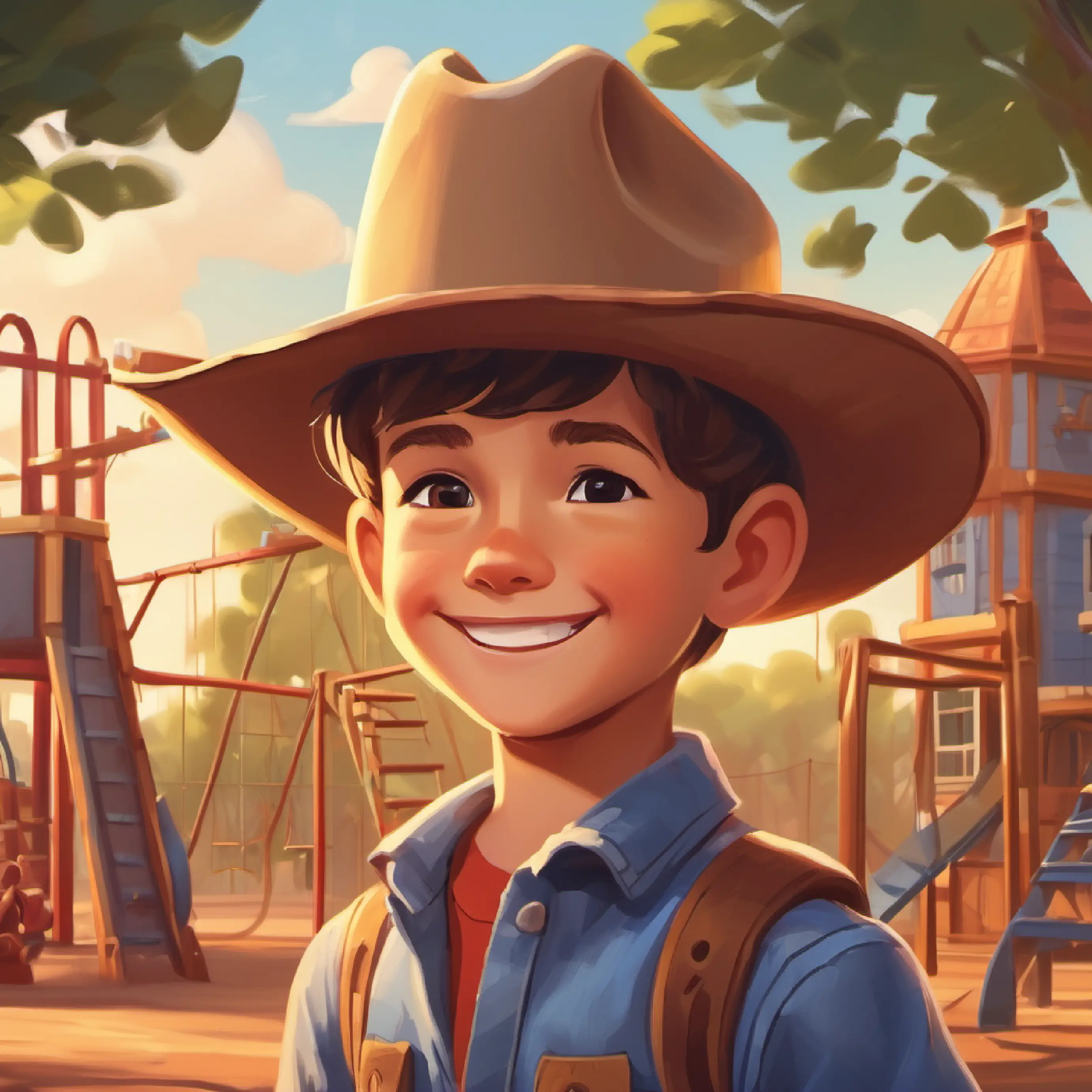 Young boy, eager face, wears a cowboy hat and a big smile's first day as a gig worker building a playground.