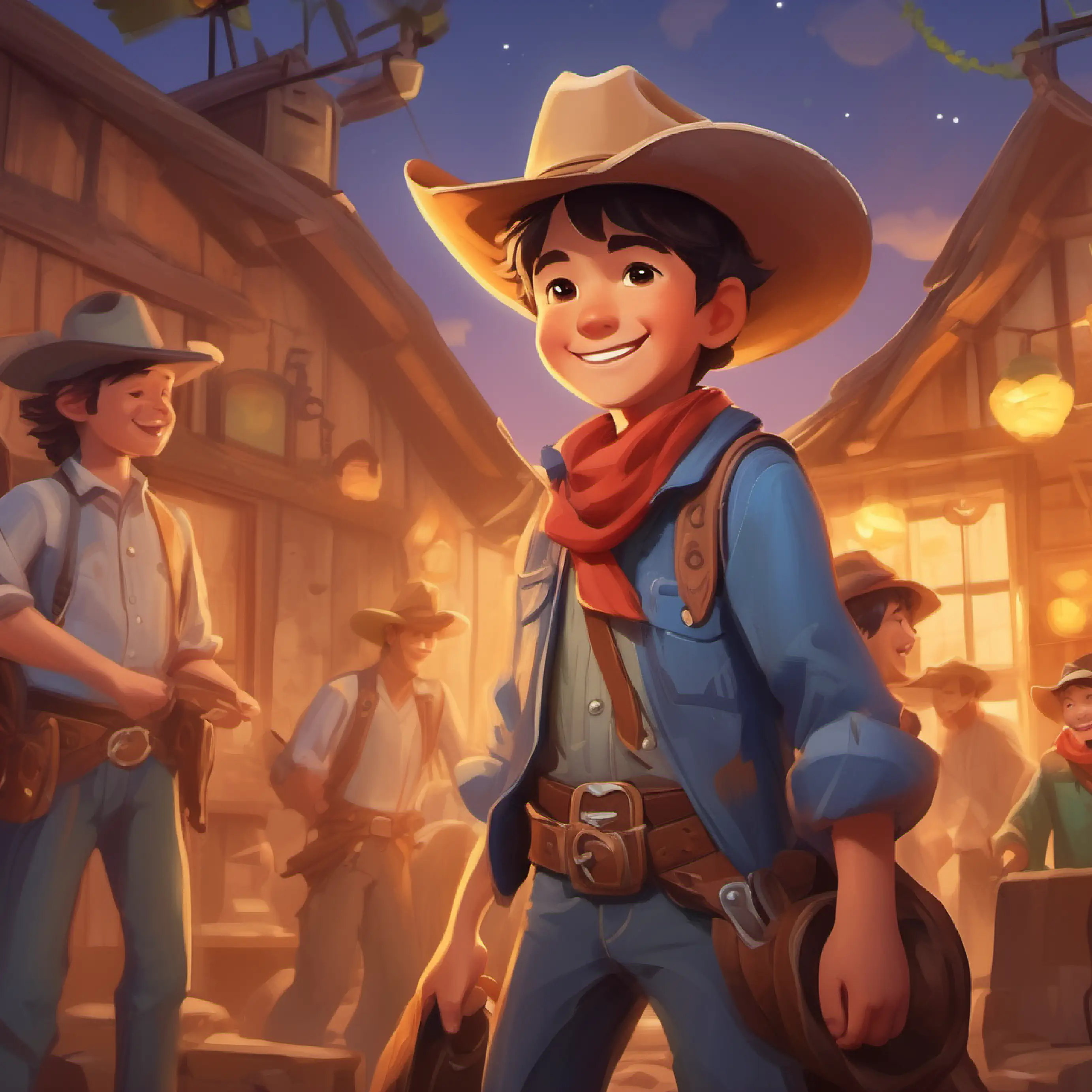 Young boy, eager face, wears a cowboy hat and a big smile making friends with fellow workers and having fun.