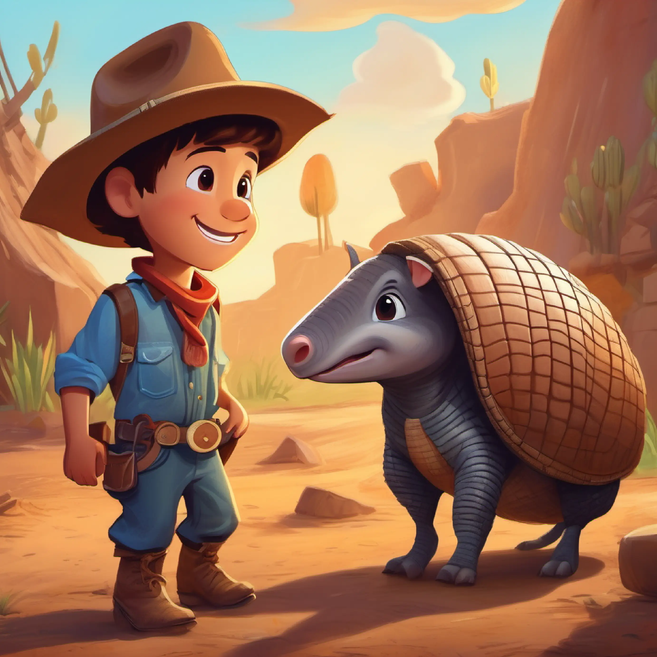 An armadillo visits the worksite, befriending Young boy, eager face, wears a cowboy hat and a big smile and crew.