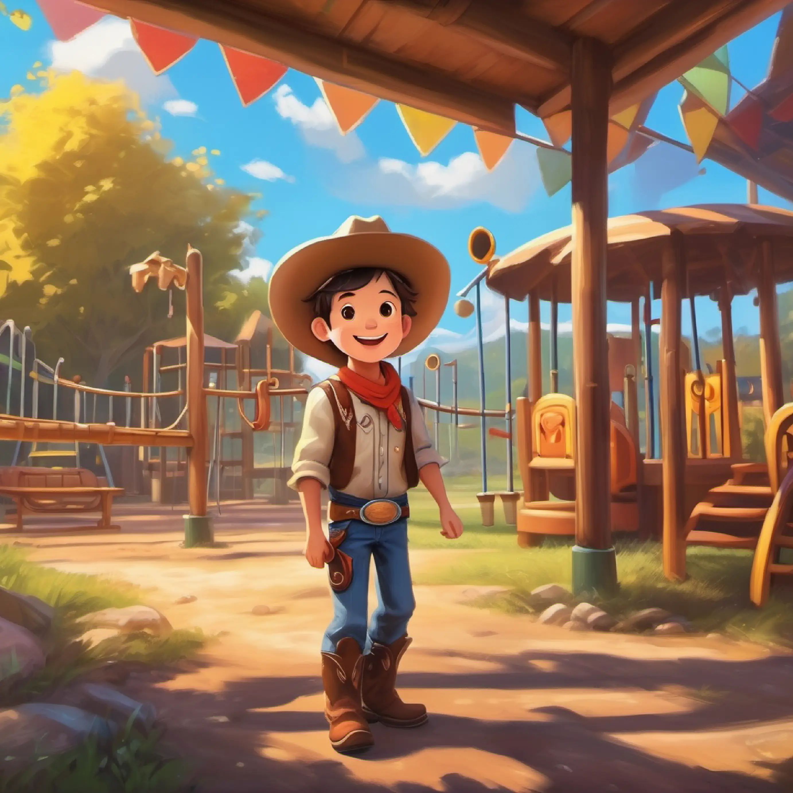 The completion of the playground and Young boy, eager face, wears a cowboy hat and a big smile's pride in their work.